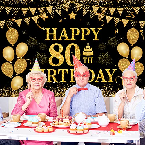 Image of 80th Birthday Decorations for Men Women - Happy 80th Birthday Banners Decorations Black Gold 80 Years Birthday Party Favor Backdrop for 80th Birthday Party Sign Decor (71 x 45 inch)