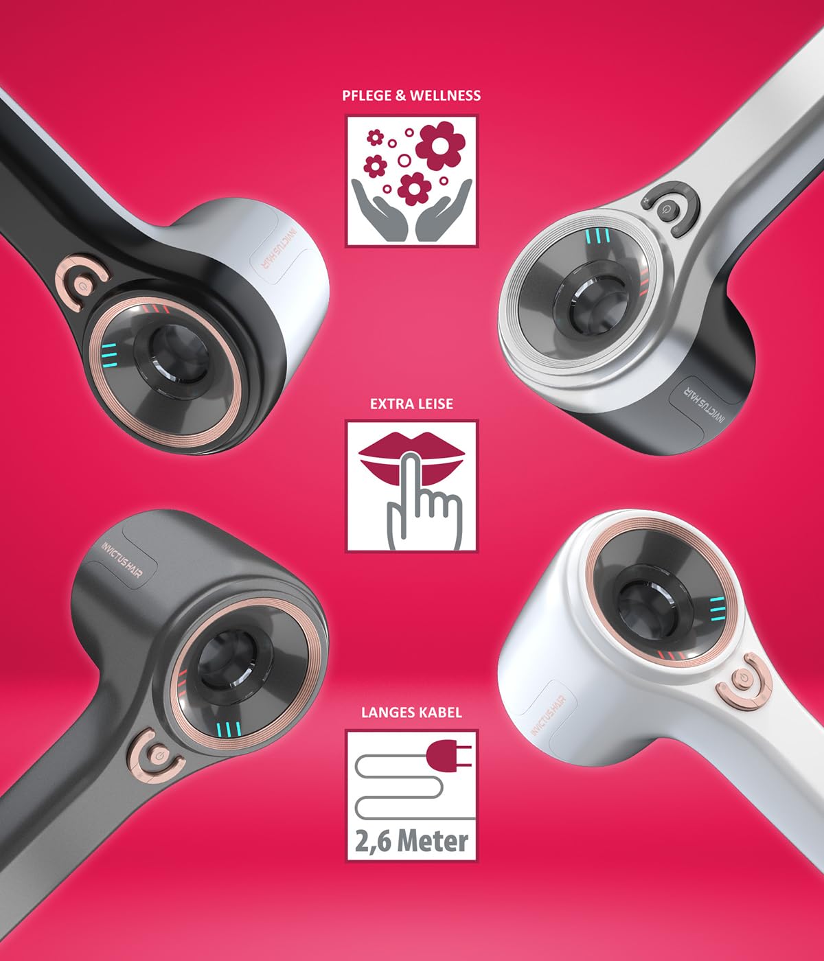 Genius Invictus Föhn Hair D7 Ionen Haartrockner 5 tlg, Reisefön Fön mit 1 Diffusor 3 verschiedene Stylingdüsen, 5 Temperatur- und 3 Geschwindigkeitsstufen, 1600 W Hair Dryer für schnelles Trocknen