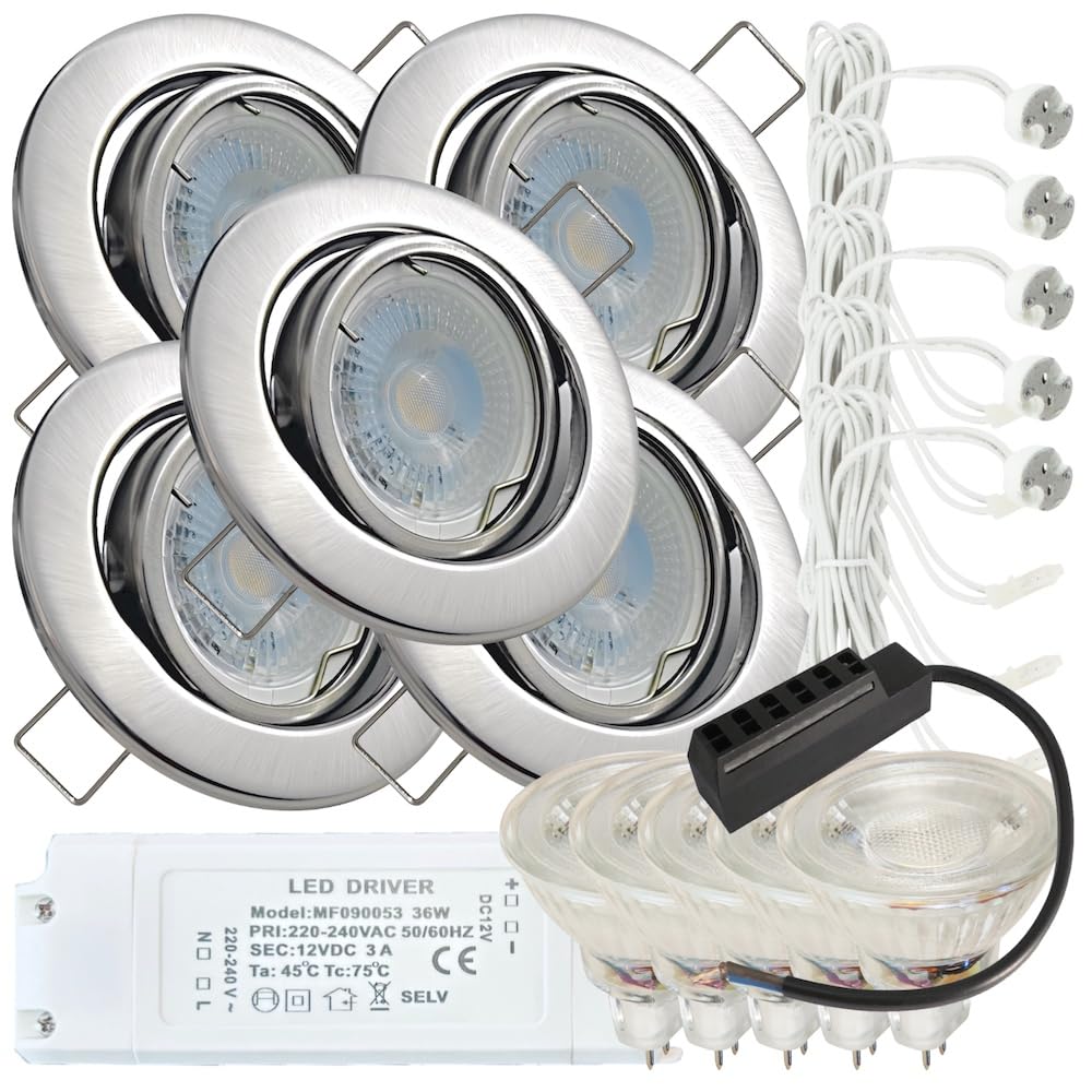 LED Einbaustrahler Set 12V schwenkbar – 5er Set mit je 120 cm Kabel & AMP-Stecksystem – 5W MR16 Spot inkl. Trafo, IP20, 400 Lumen, 55 mm Einbautiefe – LED Deckenstrahler für Wohnbereiche, Küche & Flur