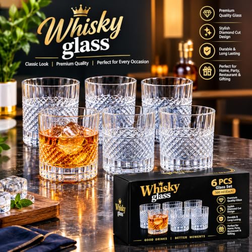 Image of Whisky Glass Set of 6, Diamond Cut Pattern, 300 ml Each
