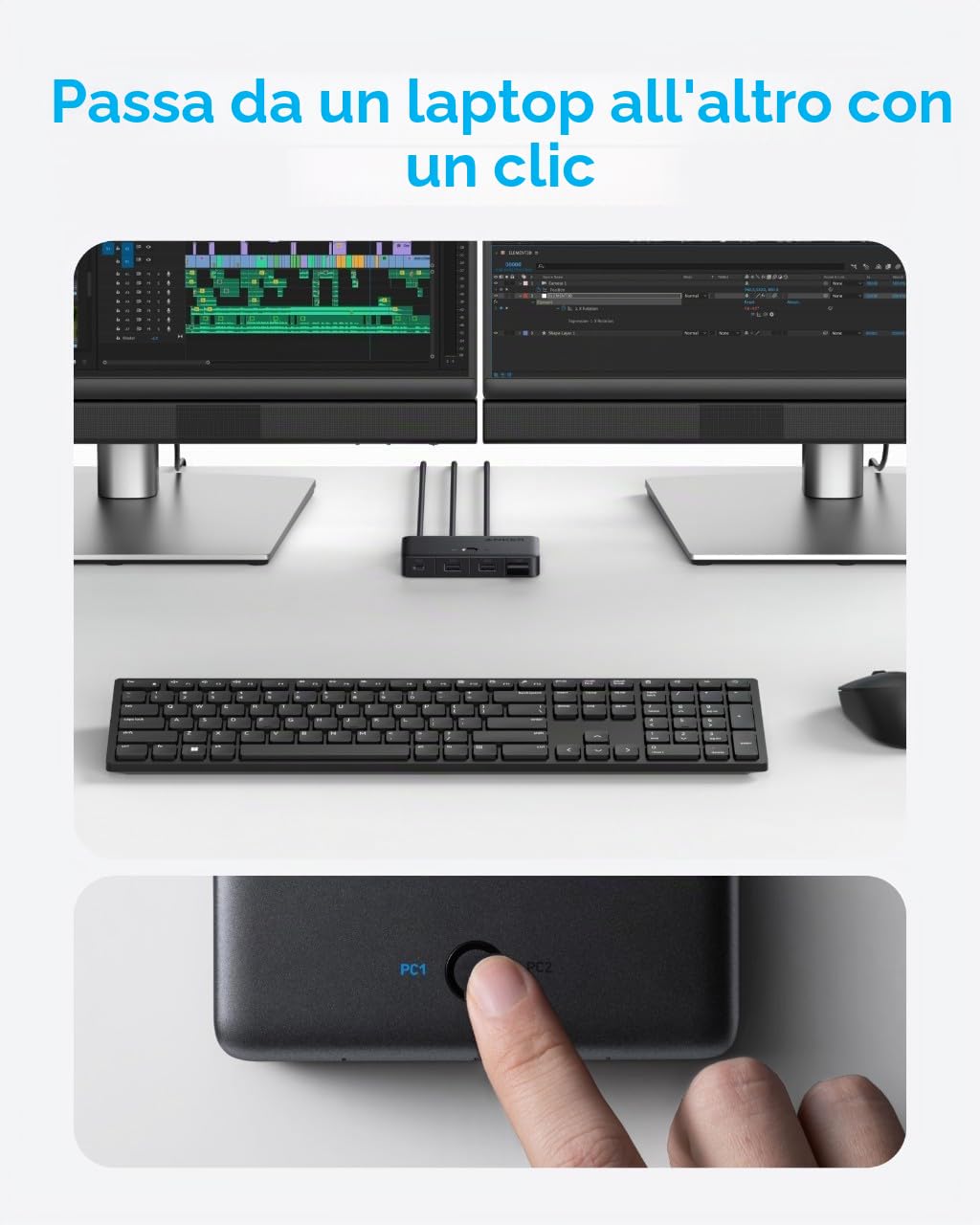 Switch KVM di Anker, 2 laptop in un clic, cavo USB-A con connettori 2-in-1, condivisione di 3 porte USB 3.0, trasferimento dati ad alta velocità a 5Gbps per laptop, tastiera, mouse e altro ancora