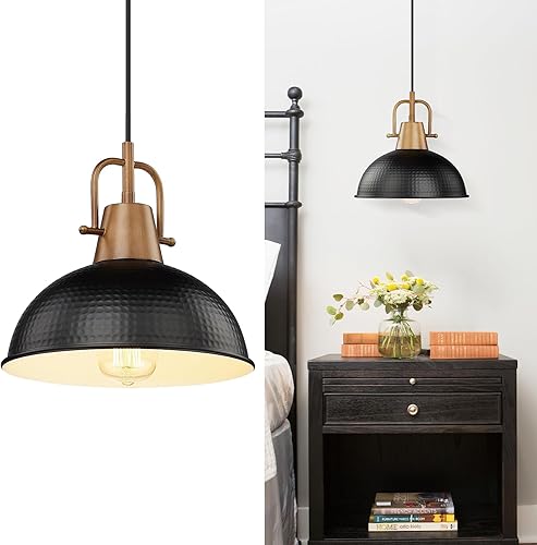 Emliviar GE269MIL BK+WD - Lámpara colgante moderna de 10.2 pulgadas, lámpara colgante moderna para isla de cocina, pantalla de cúpula de metal