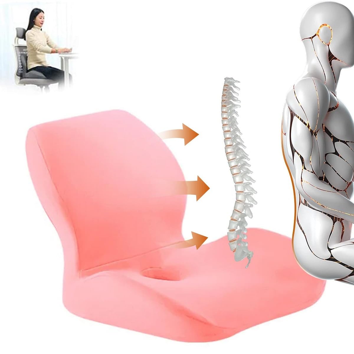 Work Chair Cushion Butt and Back Support, Car seat Seat Cushion for Tailbone Pain Relief, Seat Cushion for Office Chair (Pink, Plus Size)