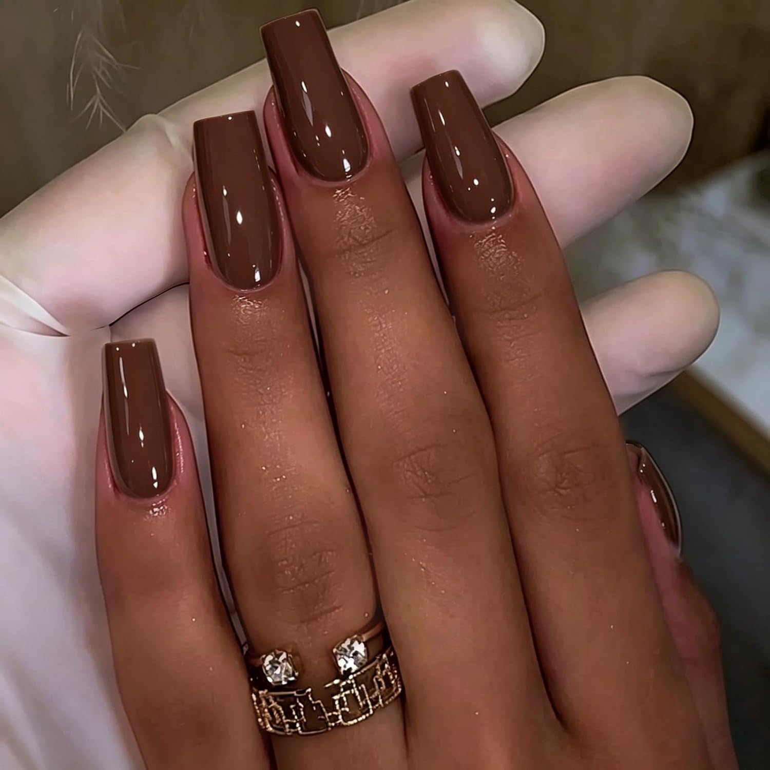 KQueenest Fall Coffee Brown Press On Nails Long Square - Acrylic Press On Nails Medium Coffin, Glossy Opaque Fake Nails with Glue, Reusable Soft Gel Glue on Nails for Manicure Gift, 24 Pcs