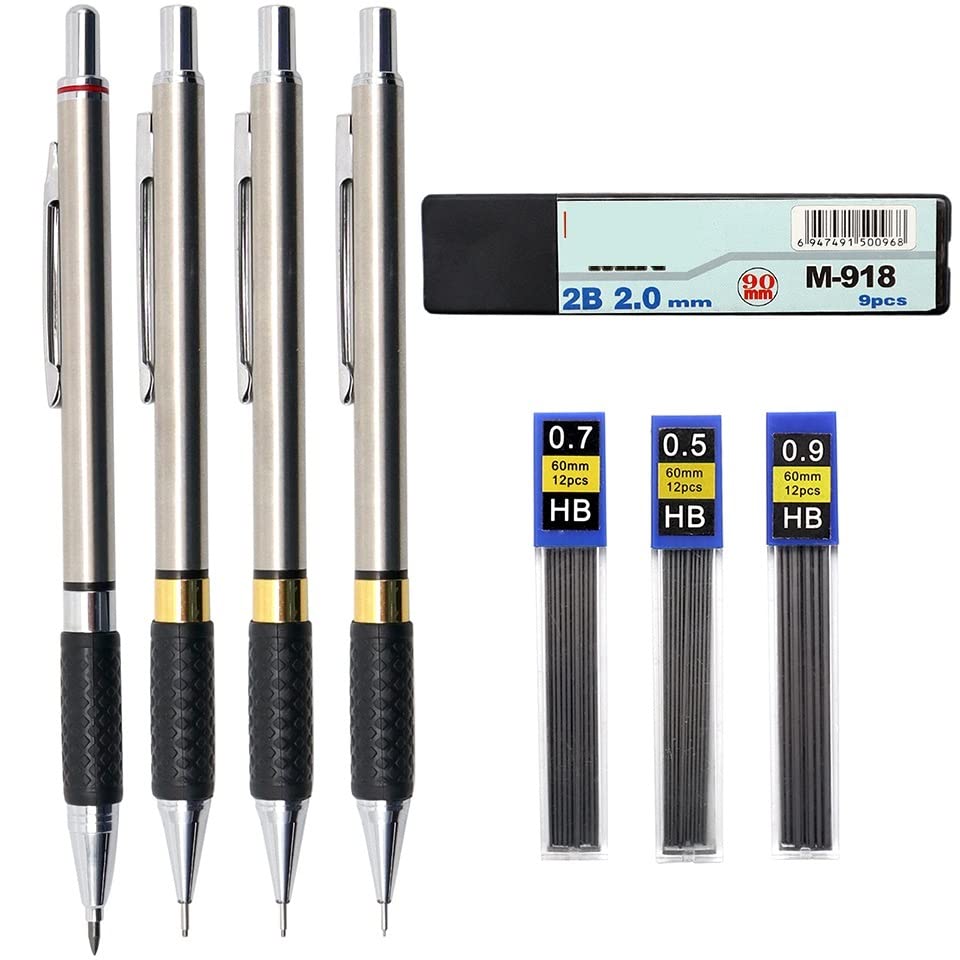 Ołówki 4 szt./partia Metalowe ołówki mechaniczne 0,5/0,7/0,9/2,0 mm Ołówki automatyczne (partia 4 szt.) (partia 4 szt.)