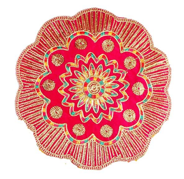 Decorative Mat Aasan Cloth Round Velvet Pooja Cloth with Sequence Work for Indian Traditional Multipurpose Pooja Ganesha Ganpati Festival Decorations Items Article Home Decor (Size :- 17"X17")(Red)