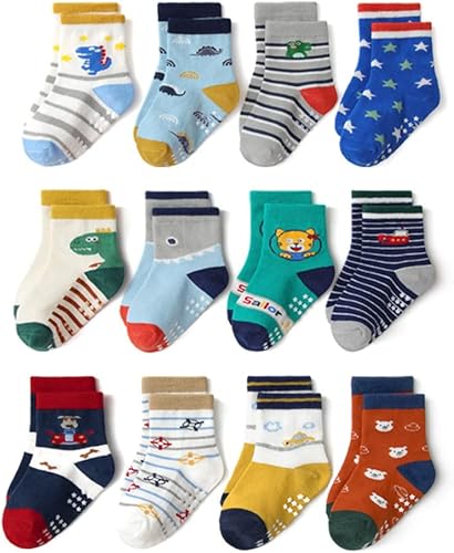 Dashion 12 pares de calcetines unisex de algodón orgánico para bebé, antideslizantes, calcetines de tobillo antideslizantes para bebés y niños, A