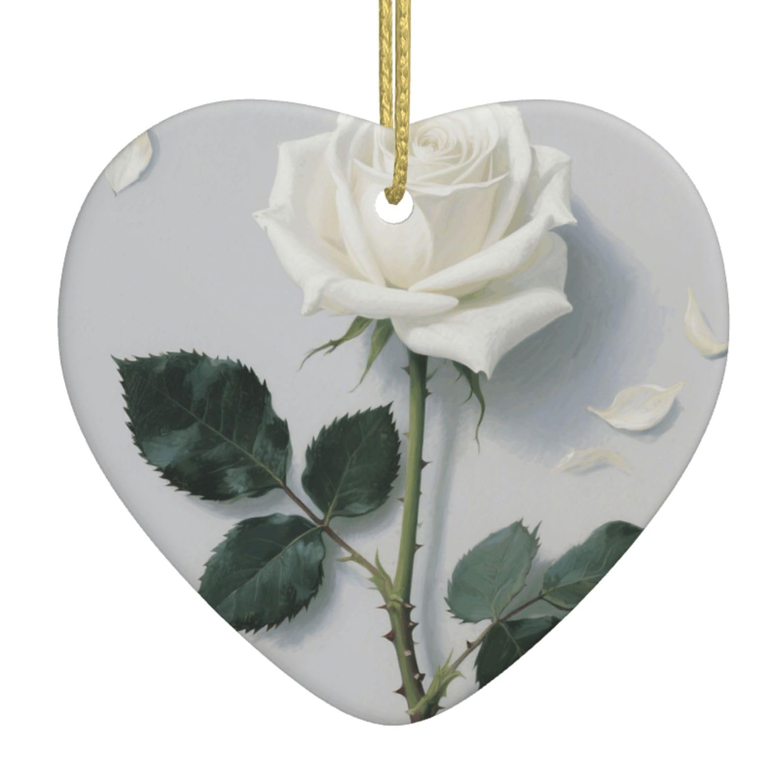 White Blooming Floral Christmas Ornament 2025 Heart Ceramic Hanging Ornaments for Home Decor Christmas Decorations with Gold Rope Double-Sided Xmas Tree Ceramic Hanging for Holiday Party