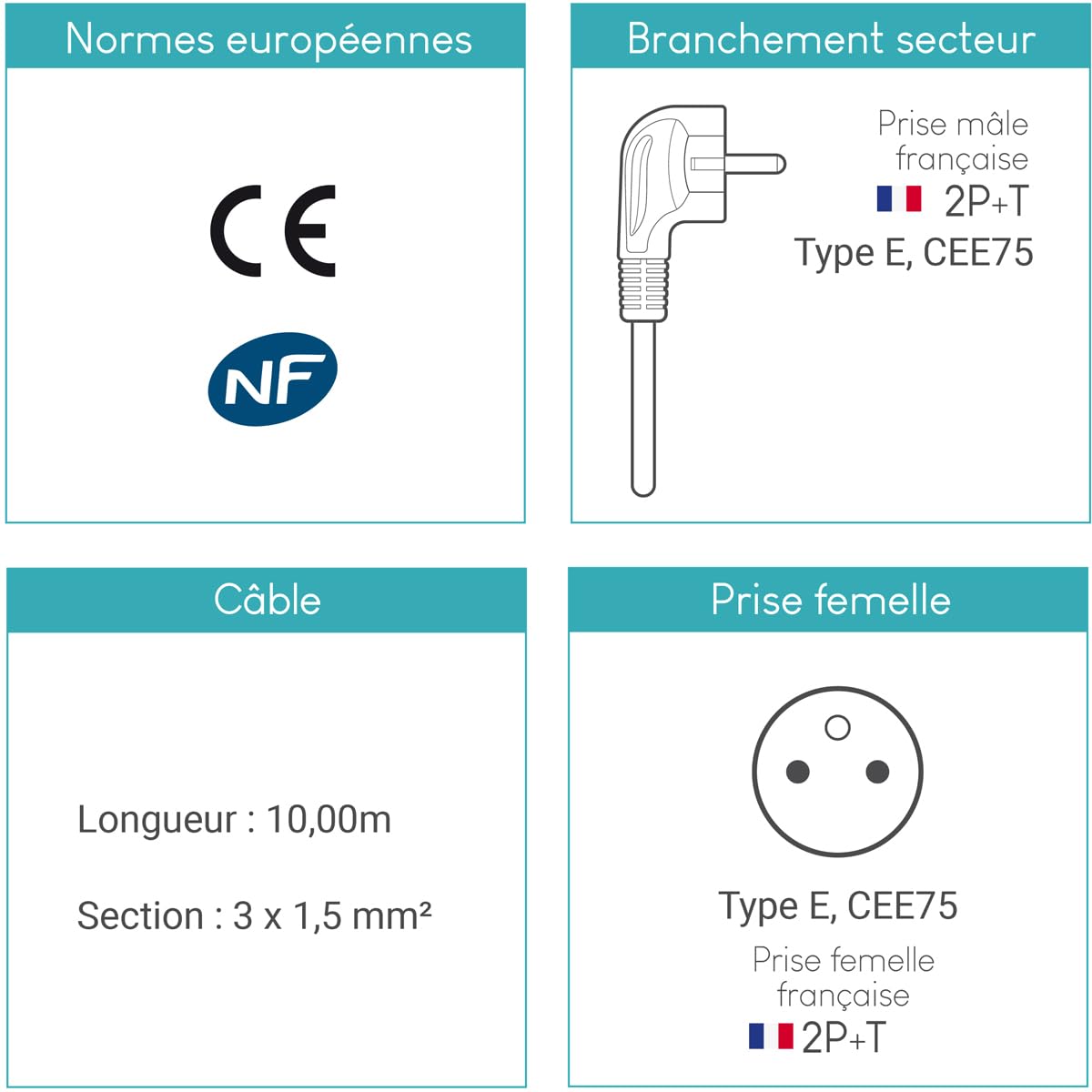 Waytex 51022 Przedłużacz elektryczny długość 10,00 m, kabel 3x1,5 mm2, gniazda 16A Europa 2P+T z zabezpieczeniem dzieci, certyfikat CE NF, czarny