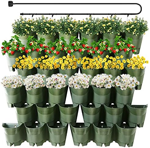 Worth Garden 36 Pockets Self Watering Vertical Planters Indoor Outdoor Living Wall Mounted - 9' Automatic Dripping Irrigation System Hose Kit Stackable Plastic Pot Herb Plants Home Balcony Decoration