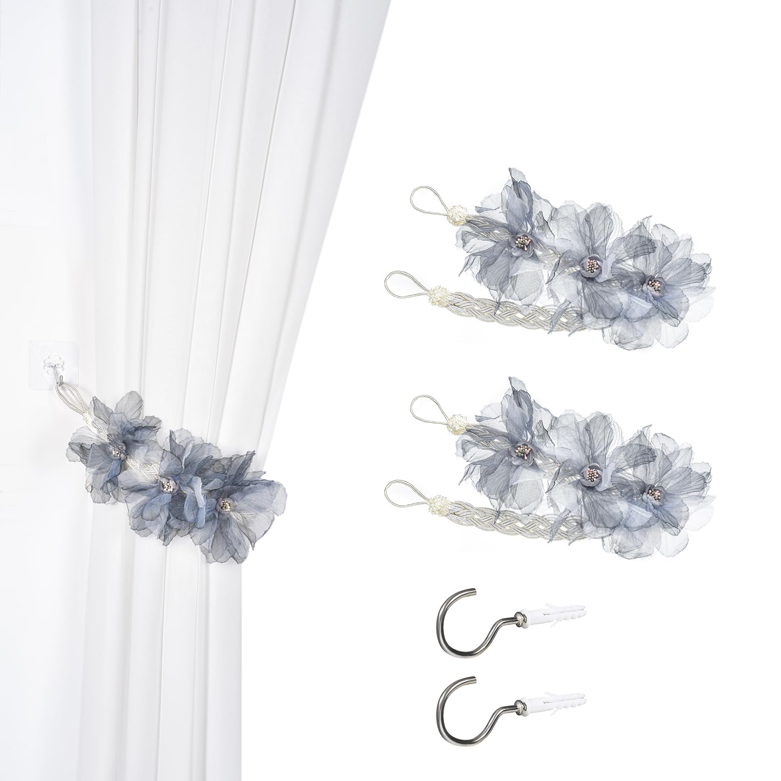 SUQ I OME Boho Curtain Tiebacks Set of 2, Handmade Flower Curtain Holdbacks, Farmhouse Curtain Holdbacks, Curtain Holder Tiebacks, Curtain Ties Backs with Hook (Gray)