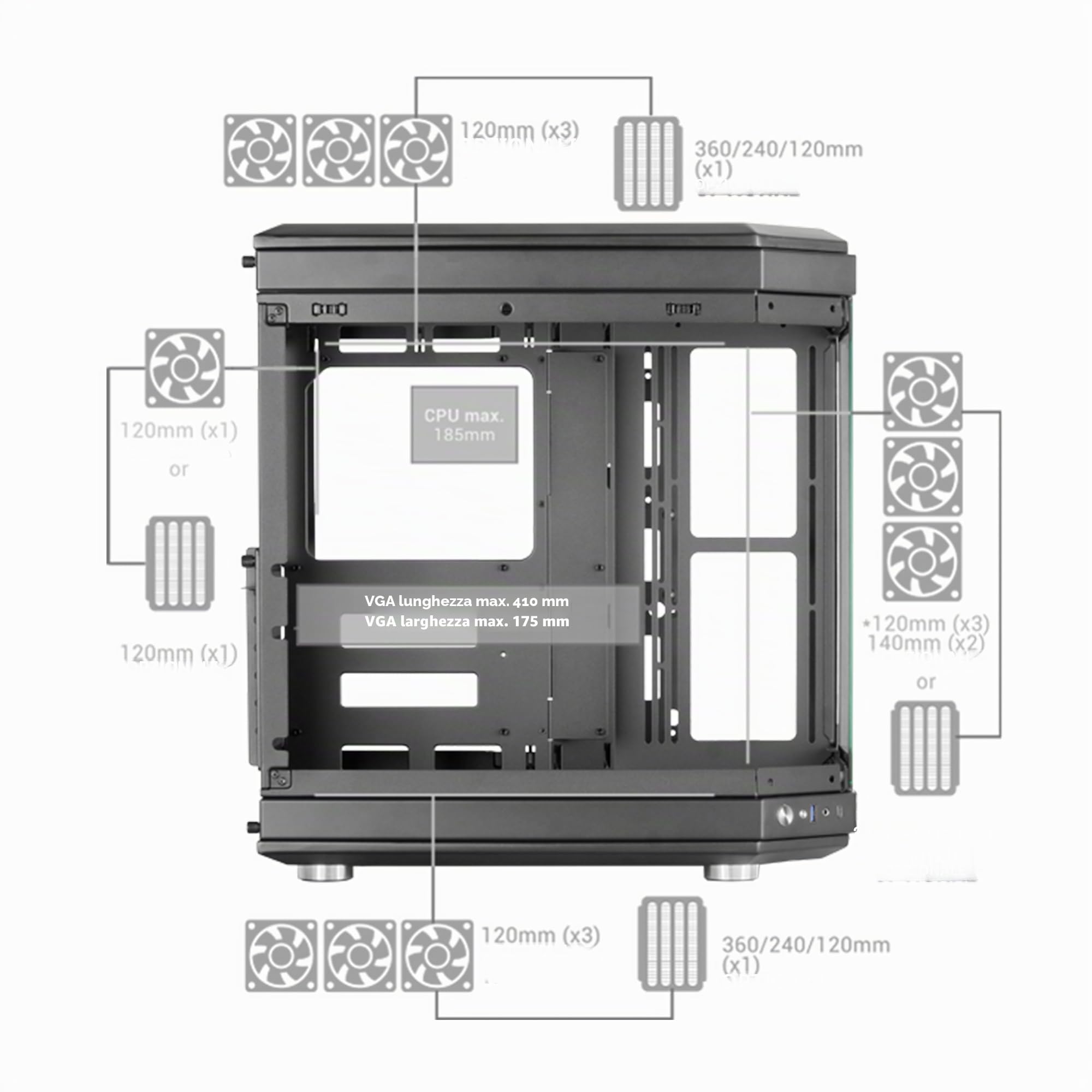Mars Gaming MC-3T, Case Gaming Custom ATX, Vetro Temperato Continuo Tripla Finestra, Supporto Raffreddamento Liquido Completo, Doppia Camera Laterale, 3x Slot PCI Verticali, USB-C e USB 3.0, Rosso