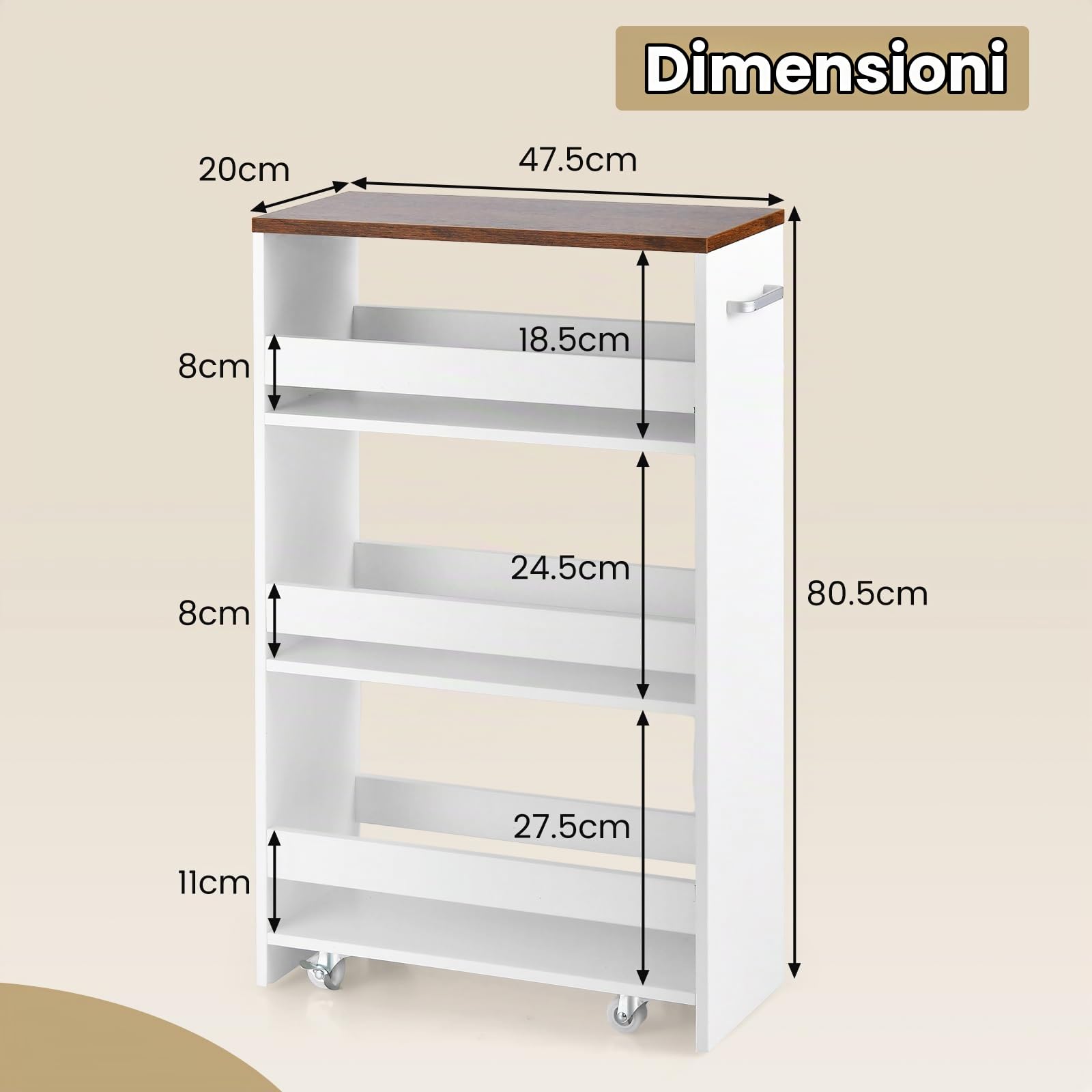 KOMFOTTEU Carrello Portaoggetti a 4 Ripiani con Ruote Rirevoli a 360°, Carrellino Scorrevole con Maniglia Slim, da Bagno, Cucina, Lavanderia, 47,5 x 20 x 80,5 cm (Bianco e Marrone, Senza Presa)