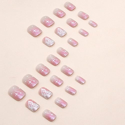 Miniatura 3 de Uñas postizas cuadradas cortas a presión, uñas postizas brillantes con diseños de mariposas, uñas acrílicas a presión, cobertura completa, uñas