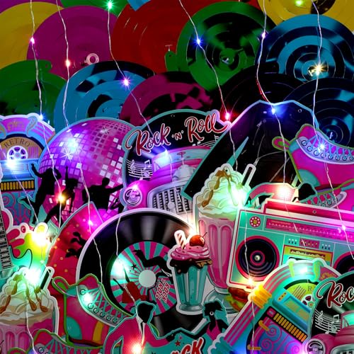Image of Skyygemm 56 Pcs 50s 60s 80s Hanging Decorations with Lights Hippie Tie Dye Peace Love Groovy Retro Rock and Roll Cutouts Ceiling Streamers for Birthday Neon Back to 1950s 60s 80s Party Supplies(50s)