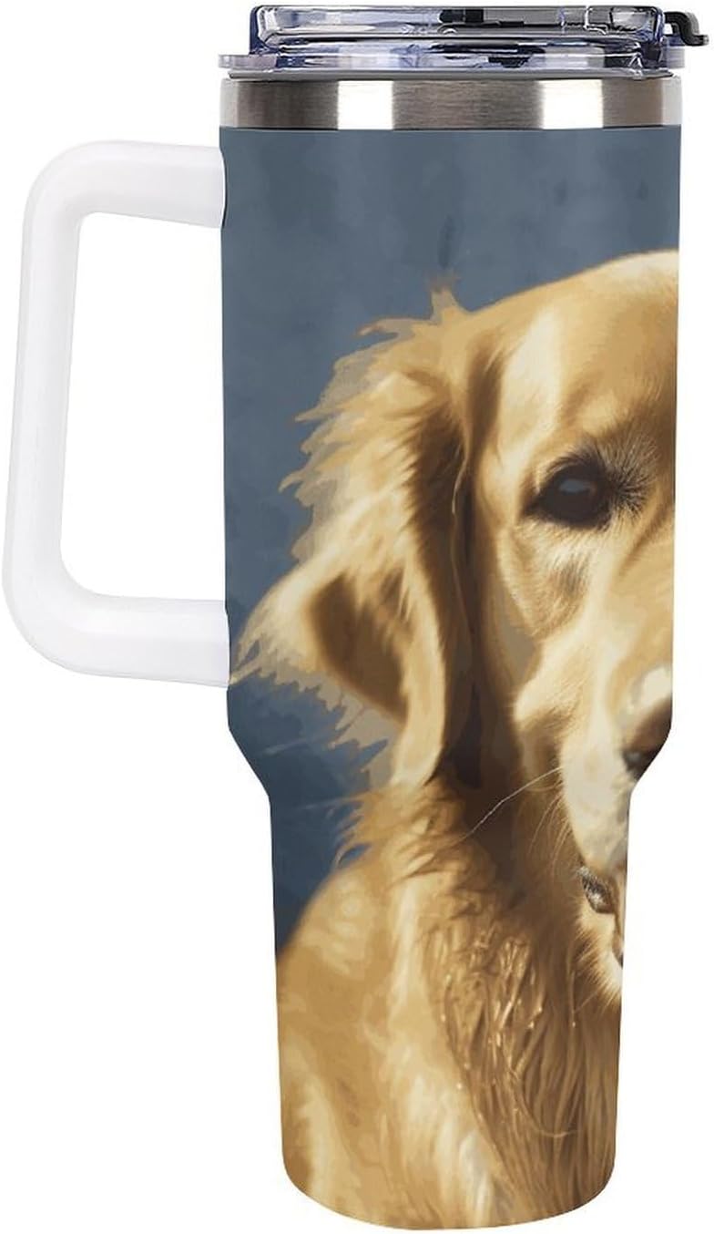 Golden Dog Tumbler 40 Oz with Handle&Lid Large Car Cup Stainless Steel Vacuum Travel Mug Insulated Water Bottle Leak-proof Portable Coffee Cup for Home Car Outdoor