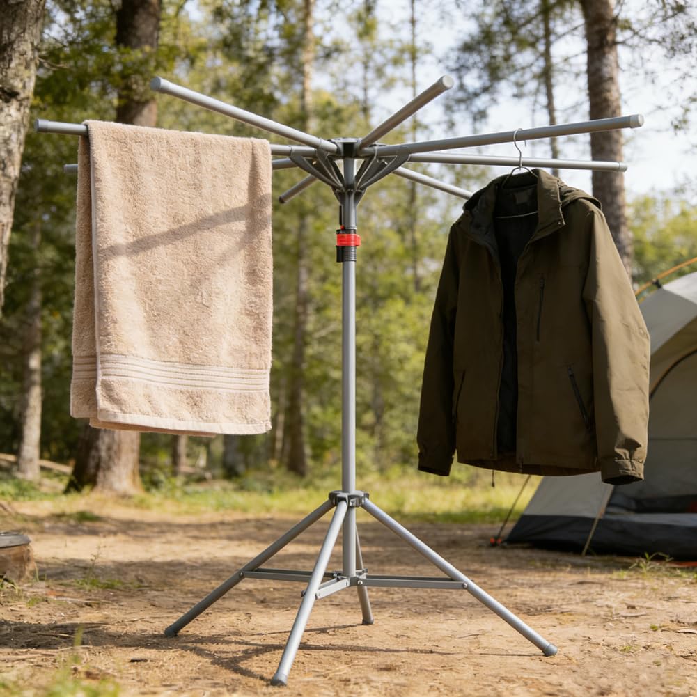 Tendedero de Ropa 6 Brazos Extensible y Plegable, Base Triangular Antideslizante, Altura Ajustable 120-170 cm para Interior y Exterior, Secadora Compacta de Viaje