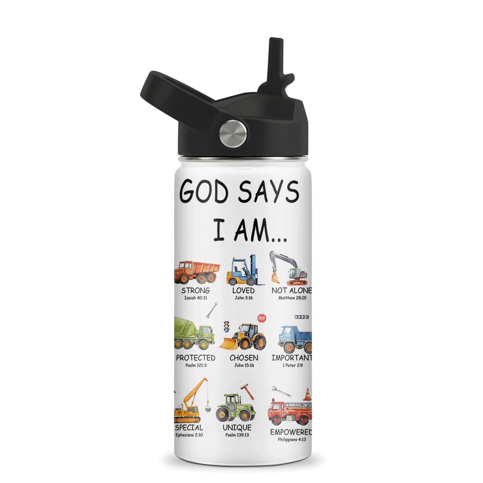 Christian Gifts for Kids - 16oz God Says I Am Construction Truck Water Bottle with Straw Lid - Christian Stainless Steel Kids Insulated Cup for School, Sports, Travel Tumbler for Trucks Lovers, Boys