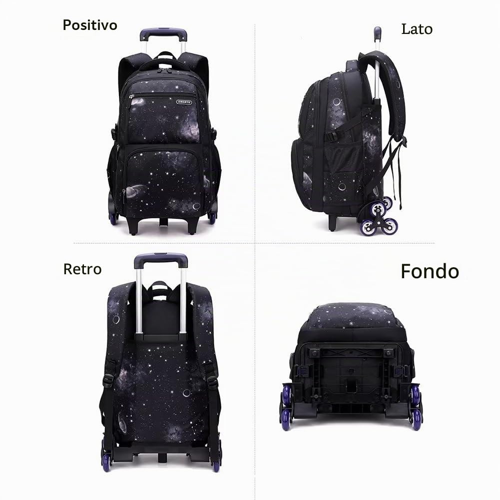 Zaino Trolley Scuola 3 in 1 Con Ruote, Borsa per il Pranzo e Sacchetto Portapenne per Ragazzi (Galassia Blu)