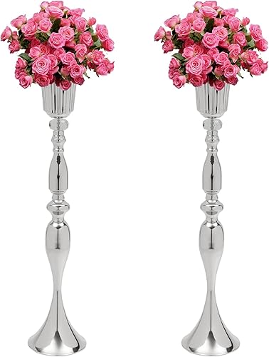 Centros de mesa de boda plateados, 2 piezas, florero de trompeta de metal plateado con cuentas de cristal, jarrón de arreglo floral de 29.1 pulgadas