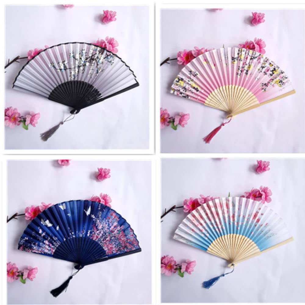NZPOST Hand Fan Folding, 4Pcs Folding Bamboo Fans Exquisite Floral Oriental Cloth Fabric Silk Fans With Tassel Handmade Japanese Chinese Fan For Dancing Wedding Home Decorations