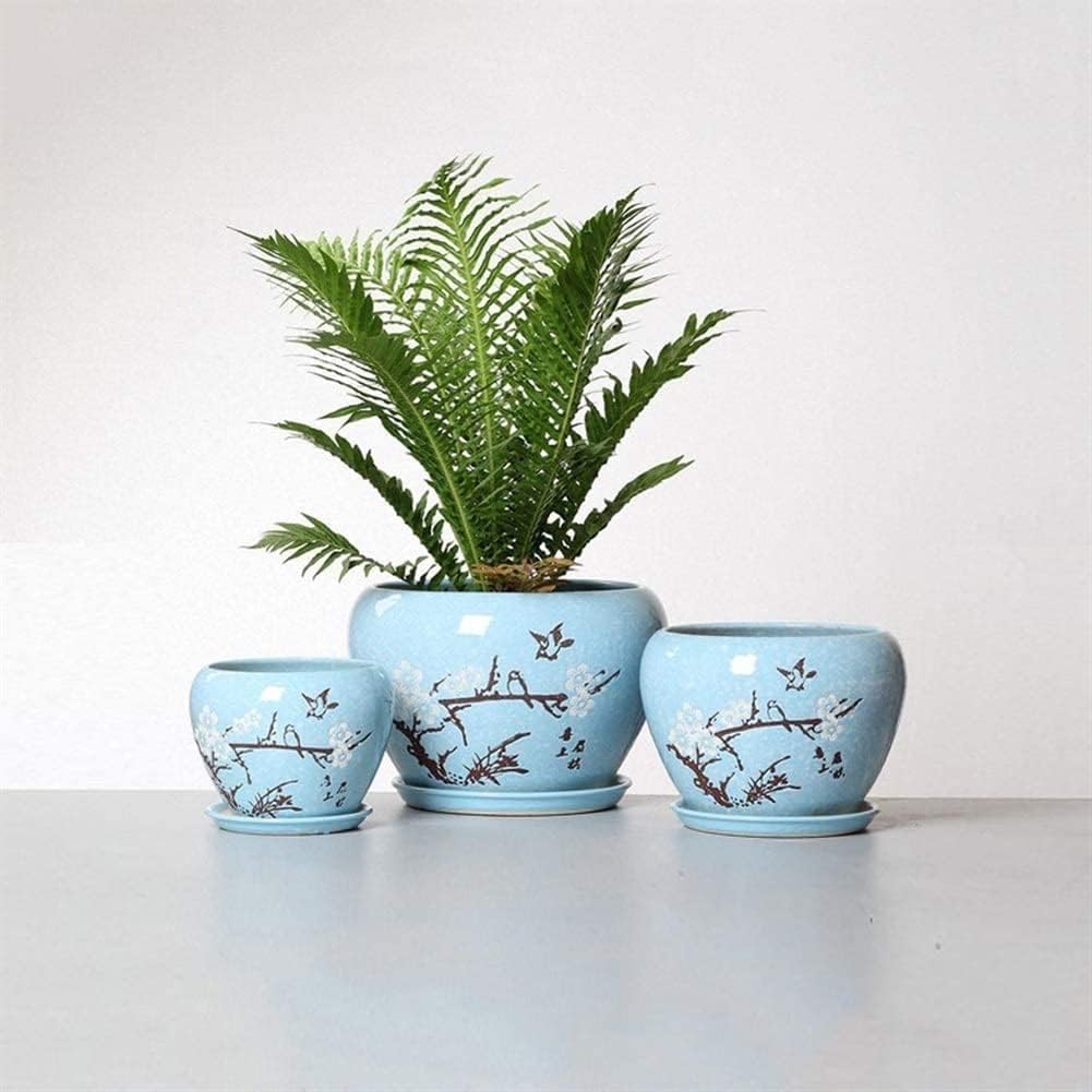 Light Blue Ceramic Plant Pot with Saucer Vintage Floral Bird Design Indoor Flower Planter for Succulents, Herbs, Small Plants Decorative Round Plant Container for Home, Office, Balcony Decor