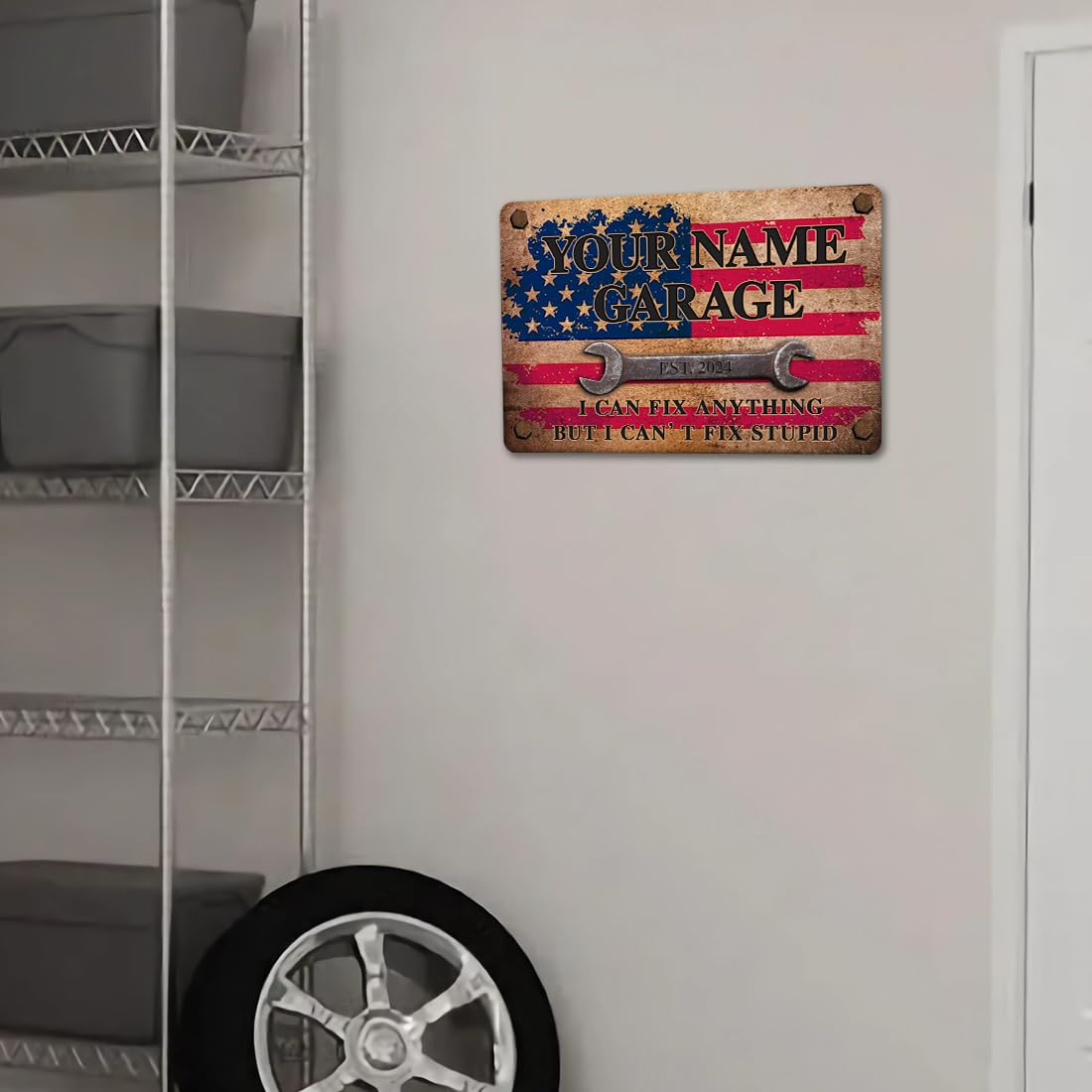 Targa in metallo vintage per garage, con scritta "I can fix anything can't fix stupid" con bandiera americana invecchiata, regalo per la festa del papà, garage, bar, grotta degli uomini