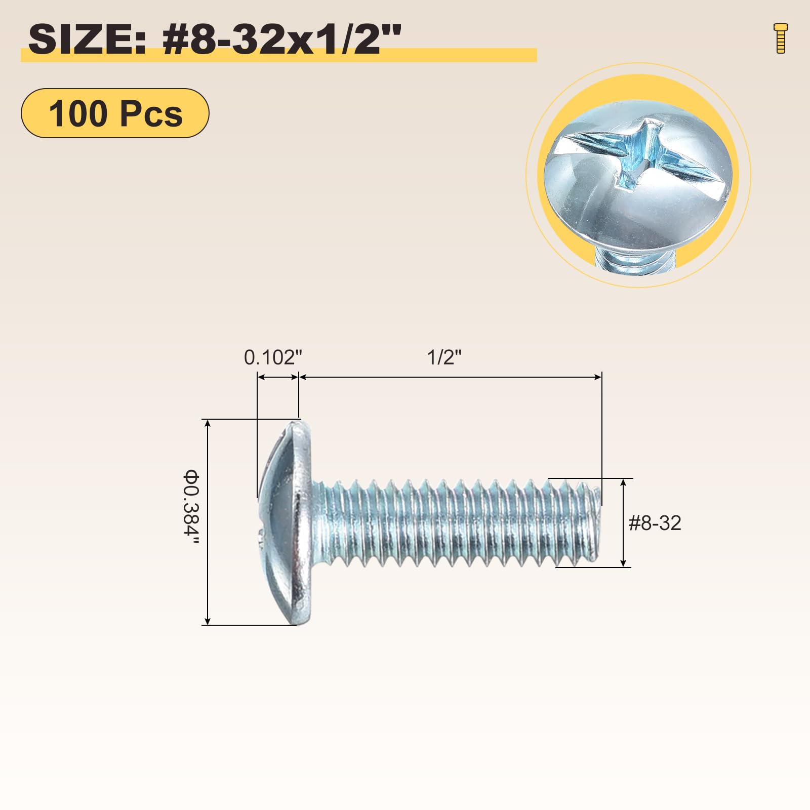 METALLIXITY Machine Screws Phillips Combo Head(#8-32x1/2") 100Pcs, Carbon Steel Round Head Cross Drive Furniture Bolts - Image 2