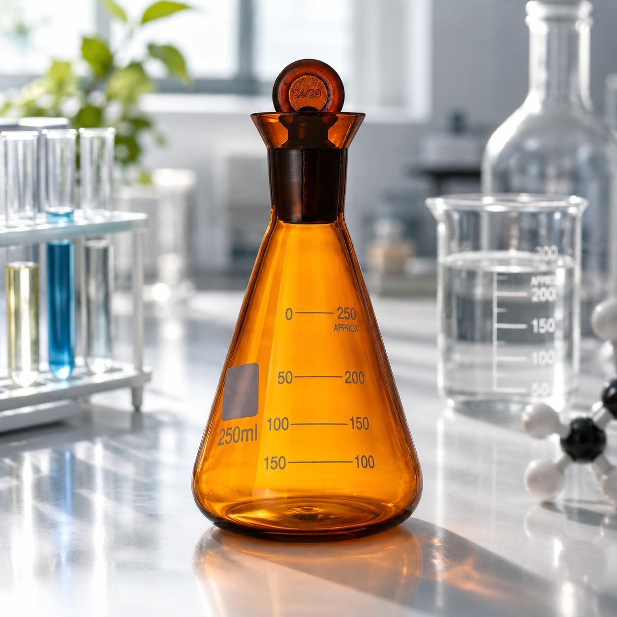 VIDOO Matraz Erlenmeyer Ámbar de Vidrio Borosilicato con Tapón Esmerilado, Frasco Cónico de Laboratorio con Protección Contra la Luz, 2000ml
