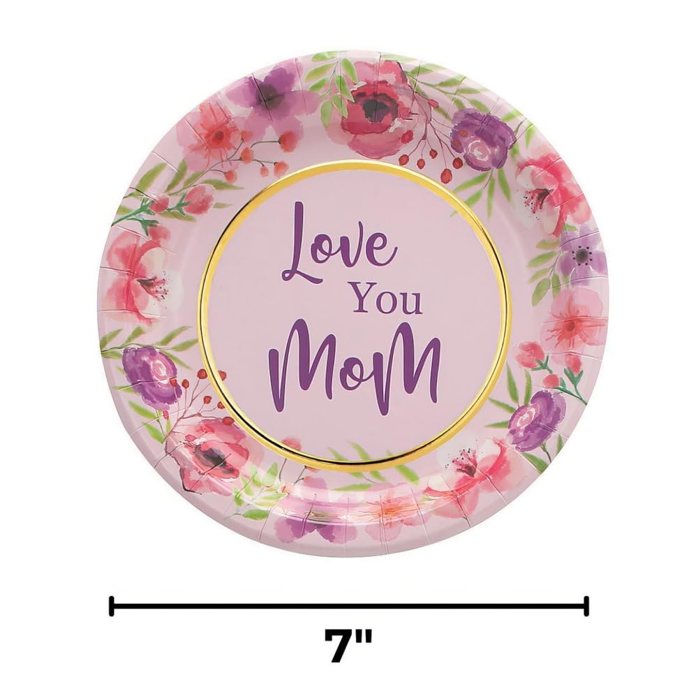 Fun Express Mother’s Day Party Floral Paper Dessert Plates - Floral Theme Disposable Dessert Paper Plates - Love You Mom Dinnerware Party Supplies Tableware for Birthday Baby Shower - 8 Pieces