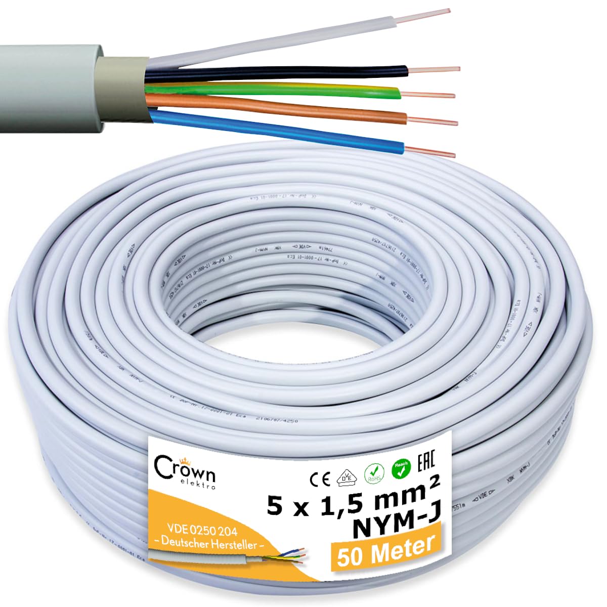 NYM-J 5x1,5mm² Kabel 50m Mantelleitung | Feuchtraumkabel nach DIN VDE 0250-204 | Elektrokabel 5-Adrig Kupfer Stromkabel für Elektroinstallation in Hellgrau | Länge am Stück Deutsche Markenhersteller
