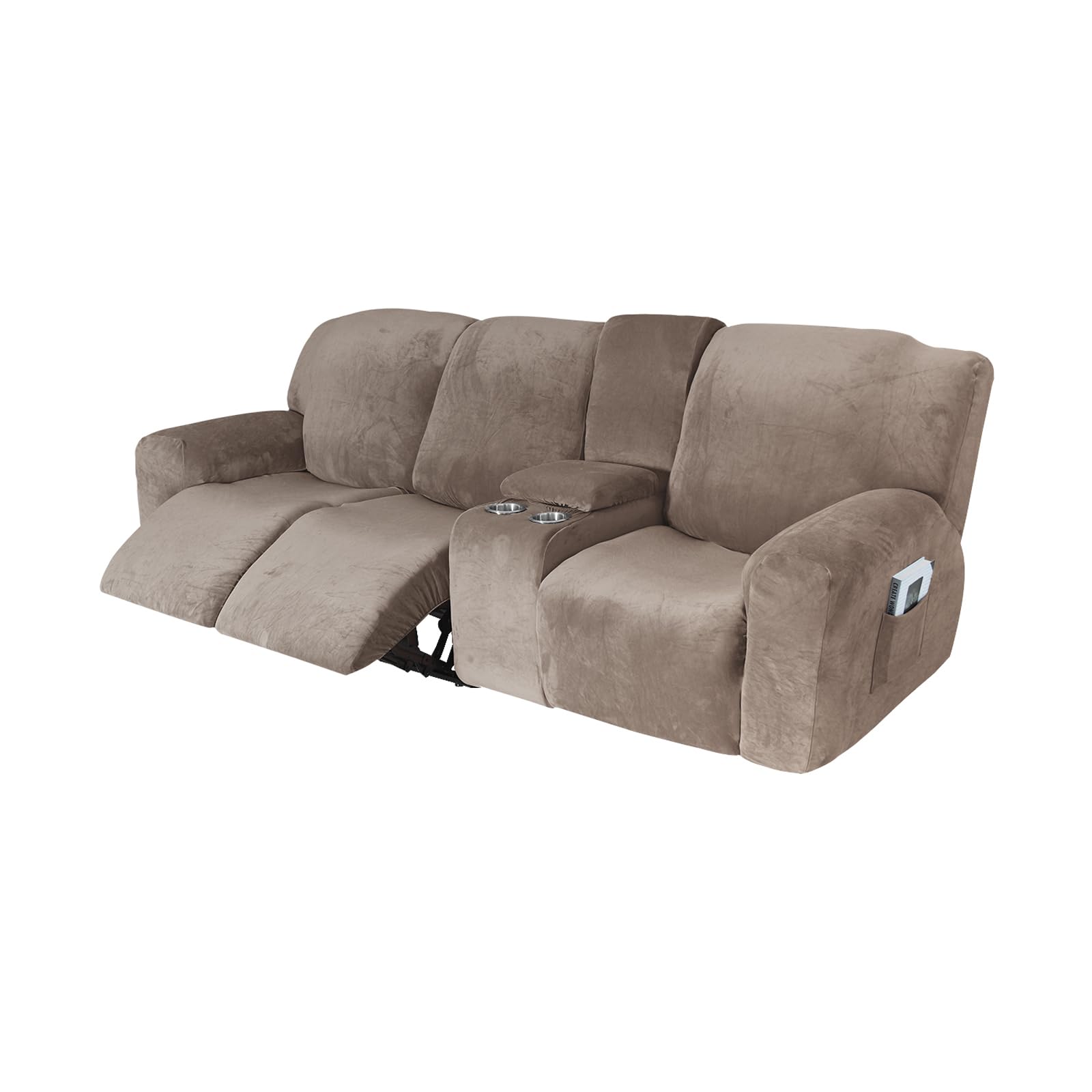 HYPIQQ Recliner Loveseat Covers with Center Console 8 Pieces Stretch Velvet Recliner Cover 2 Seat Loveseat Recliner Sofa Cover with Storage Pocket,Taupe,3 Seat Console