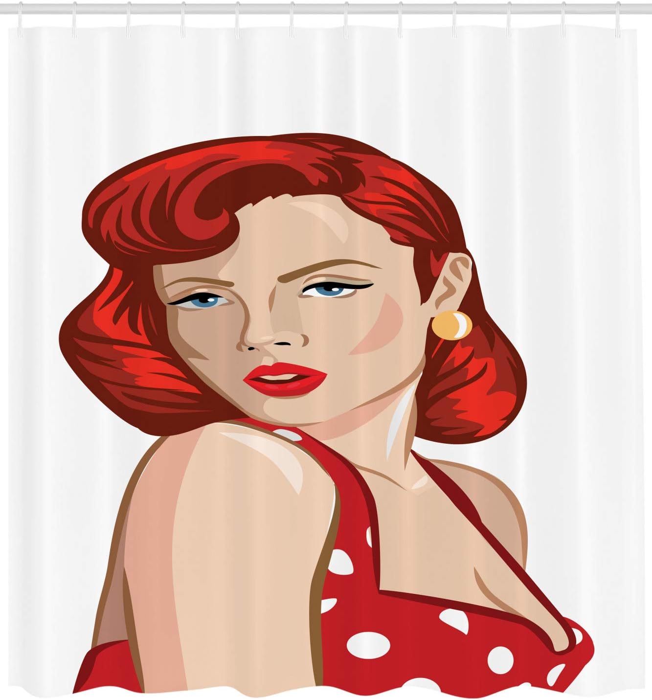 Ambesonne Pin up Girl Shower Curtain, Vintage Portrait of a Ginger Lady with Retro Style Rolled Hair, Cloth Fabric Bathroom Decor Set with Hooks, 69" W x 70" L, Ruby Scarlet