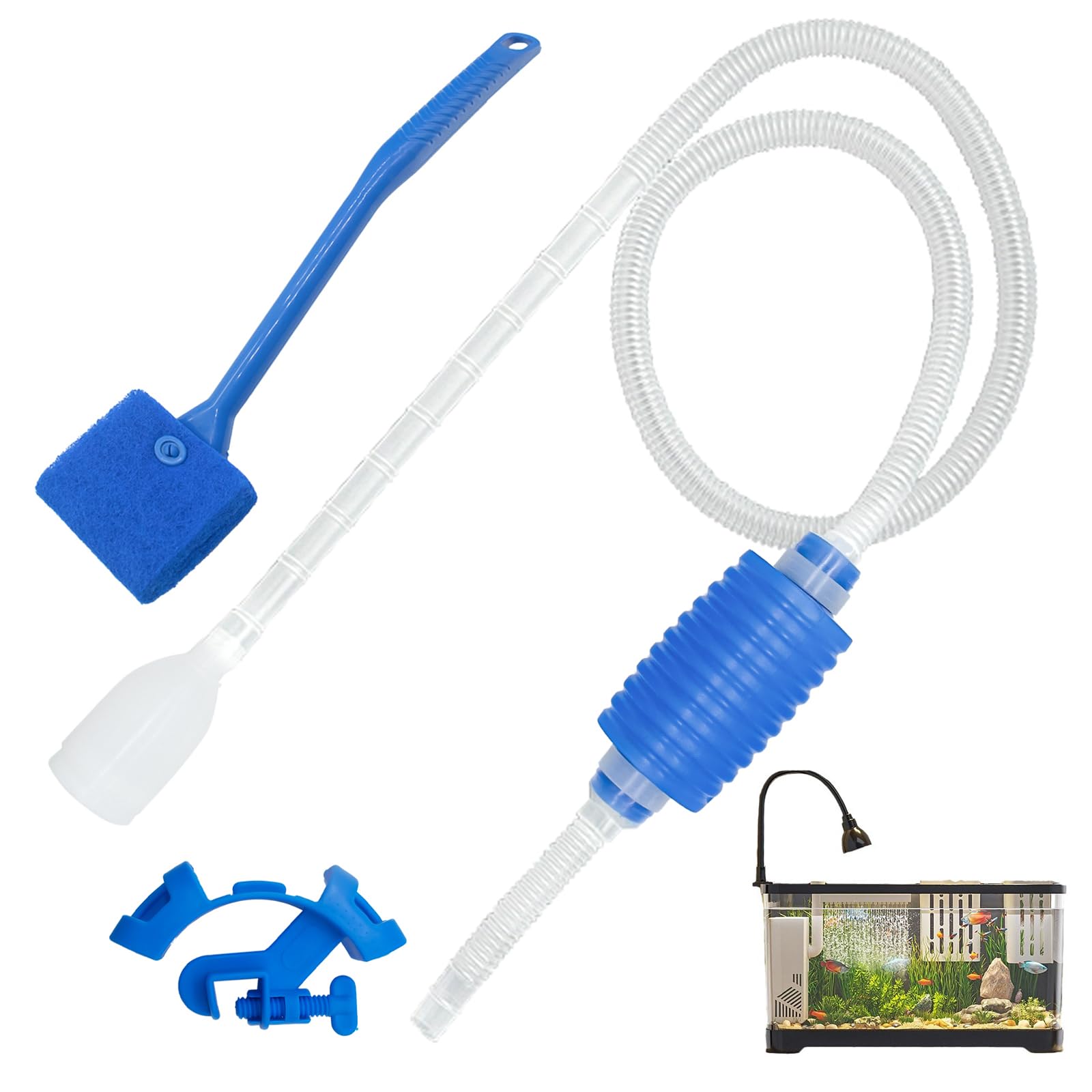 1.45 m Set of Siphon Aquarium Changers, Gravel Cleaner for Aquarium with Brush and Fixing Water Pipes, Comfortable Suction Pear to Change Water in Minutes