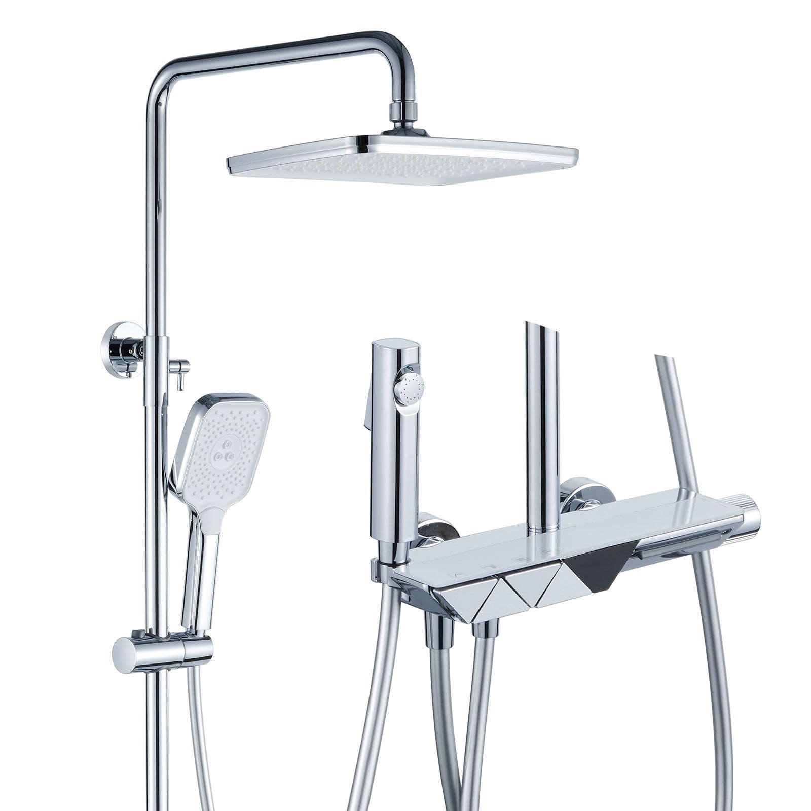 SGeneE Thermostatic Shower Mixer Set, Light Luxury Design, 30x20cm Square Piano Keys Shower System, LED Digital Display, Hydroelectric Power, 3 Modes Hand Shower (White - View #4