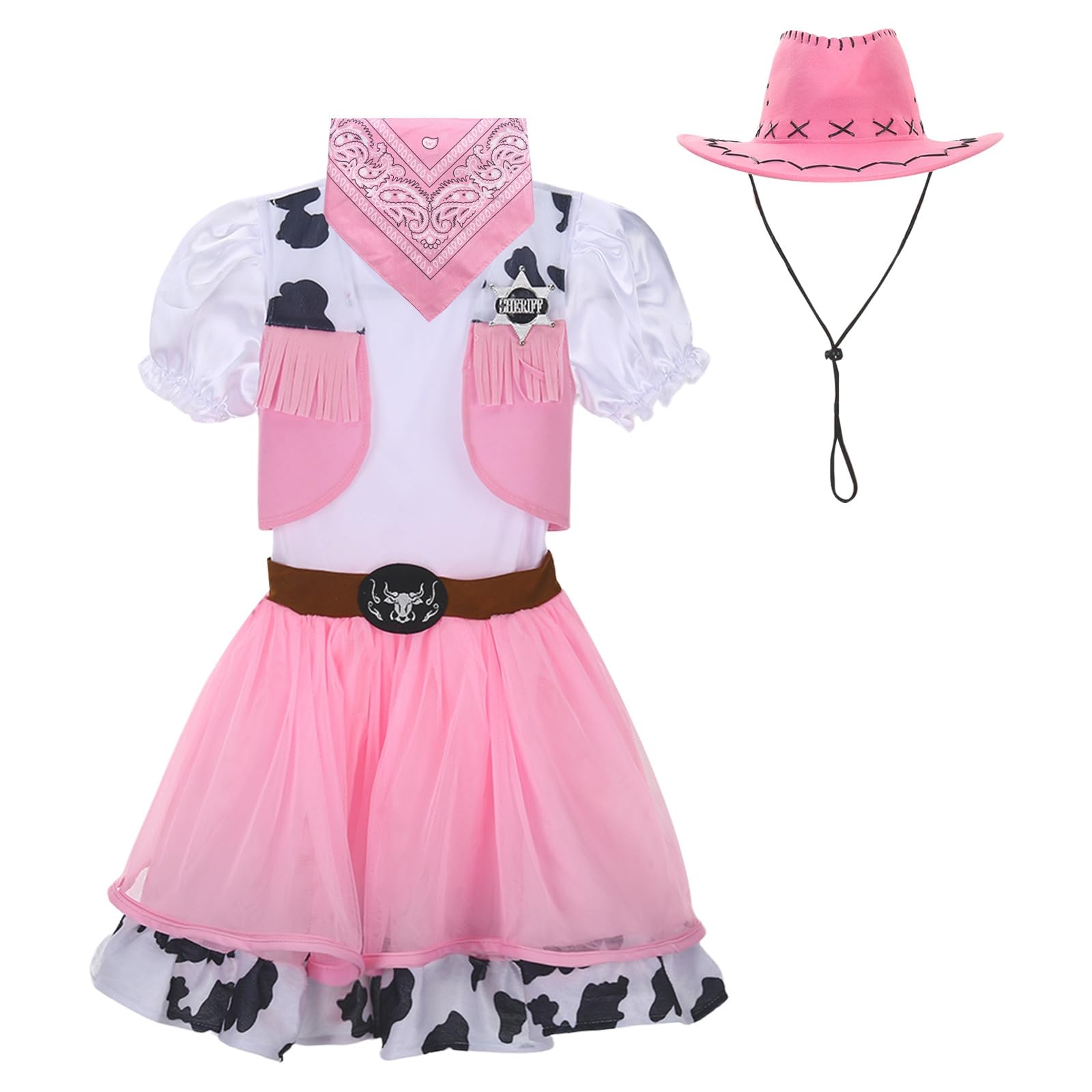 Generisch Robe de cowboy pour fille - Rose - Robe d'été occidentale - Jupe en tulle streetwear - Mini robe de cosplay - Robe de festival - Avec chapeau de cowboy - 2 pièces - Tenue de carnaval