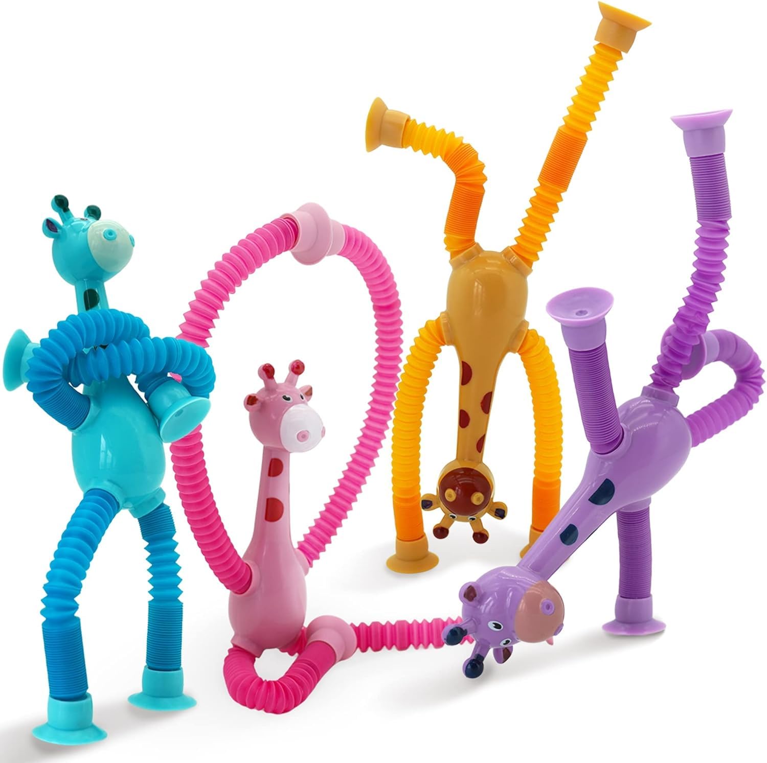 Zuelnote4 Pieces LED Telescopic Suction Cup Giraffe Toy, Shape Changing Telescopic Tube Fidget Toys, Pop Tubes, Fidget Tubes Sensory Toys for Girls Boys (Giraffe)