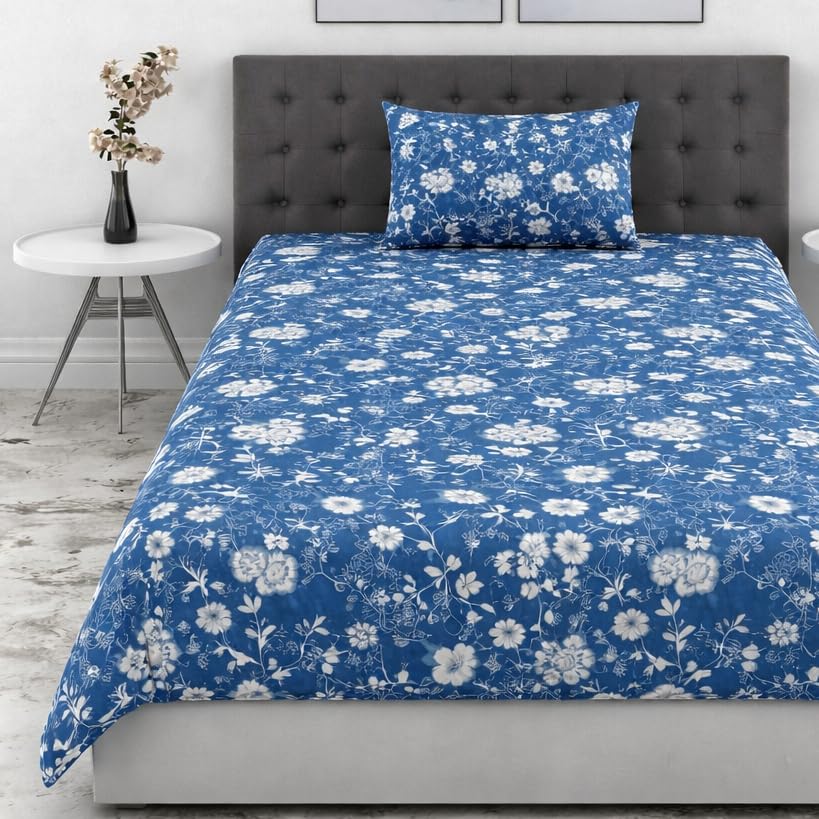 Image of DECOR2ADMIRE 300 Thread Count Premium Cotton Printed Single Bedsheet with One Pillow Covers for Home 60 Inches x 90 Inches (Blue Floral, Single 60 inch x 90 inch)