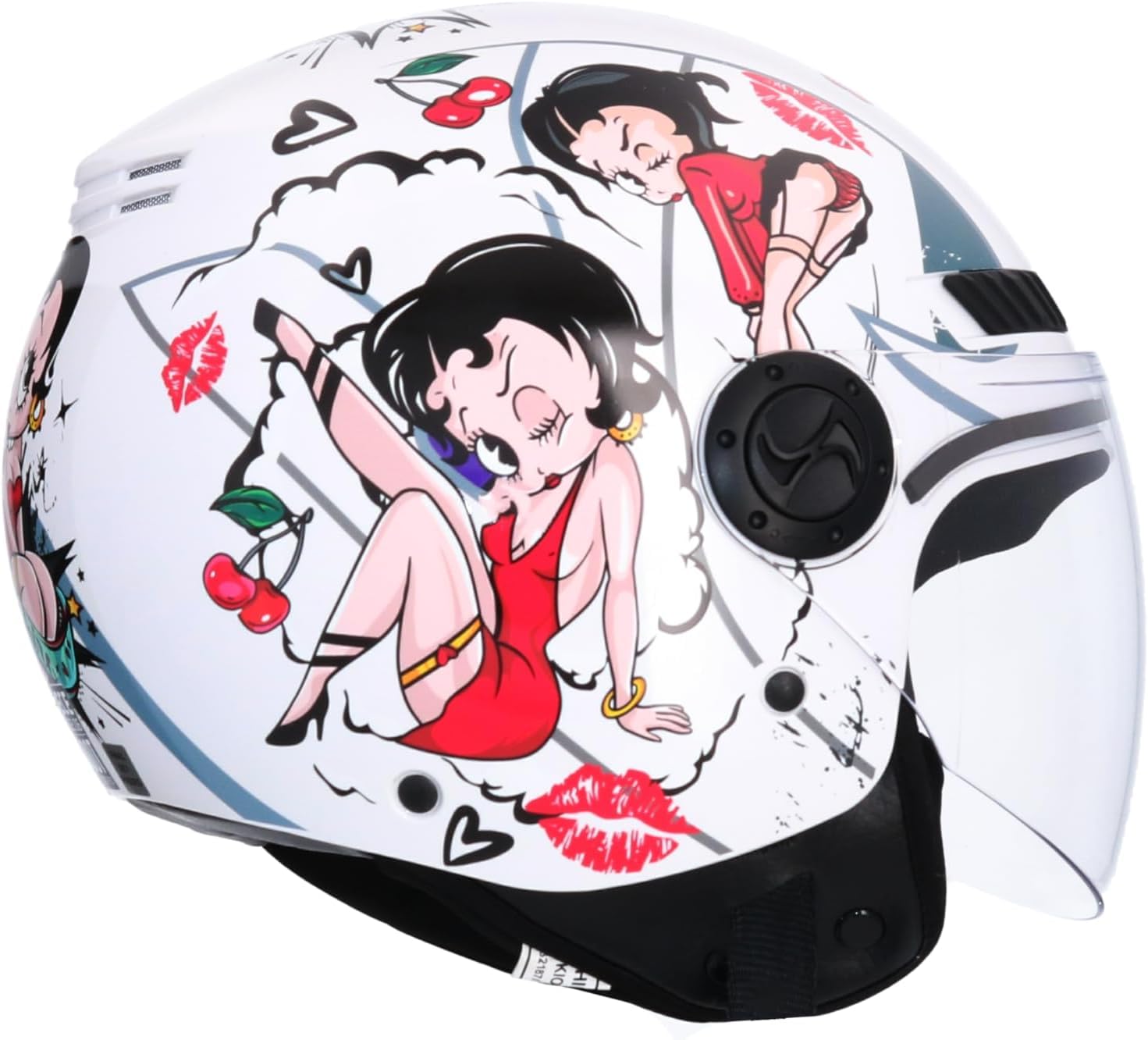 Casco Jet Shiro SH-62 La Betty II – Diseño Exclusivo Betty Boop, Negro Brillante, Visera Abatible, Homologado ECE, Estilo Retro y Urbano para Moto y Scooter Blanco Brillo (M 57/58)