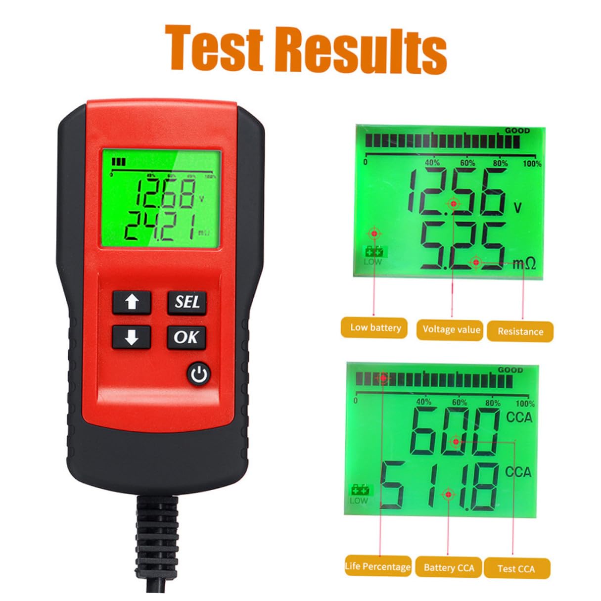 Abaodam Tester Rapido, Batteria Lcd Auto e 12v di Display Test Analizzatore Abs per Rosse in Rame Capacità e Durata Batterie Moto