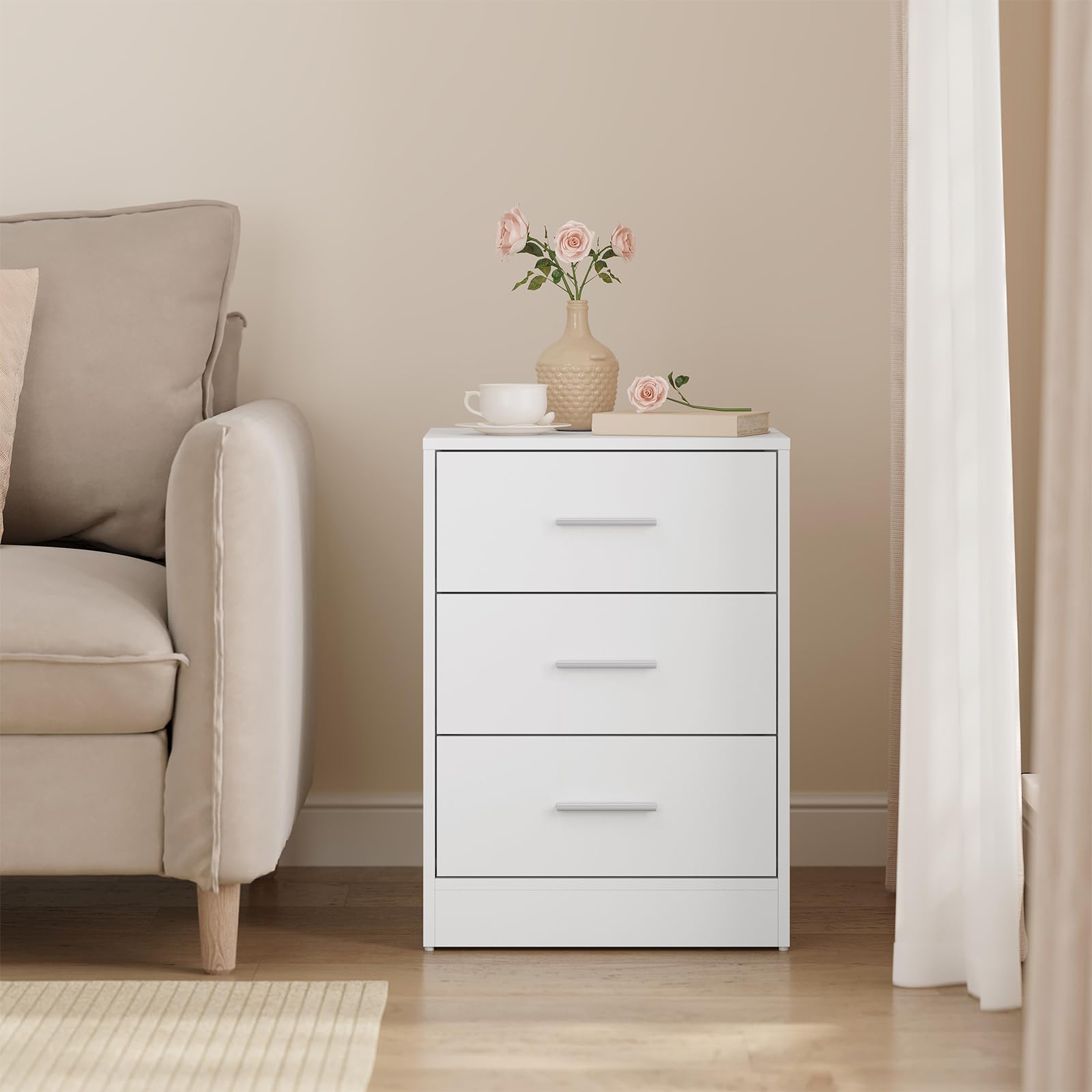 WOLTU Set di 2 Comodini Moderni con 3 Cassetti, Grande Capacità, Tavolino da Letto per Camera da Letto, Soggiorno e Ufficio, 39x28x54cm, Bianco, NTS26hei-2