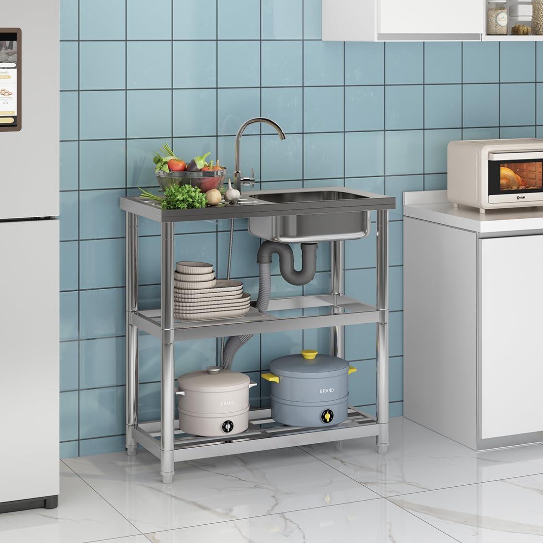 Lavabo independiente de acero inoxidable, lavabo libre con grifo, fregadero de cocina con superficies de apoyo, lavabo multifuncional con tubería de agua, lavabo de uso para lavadero, jardín