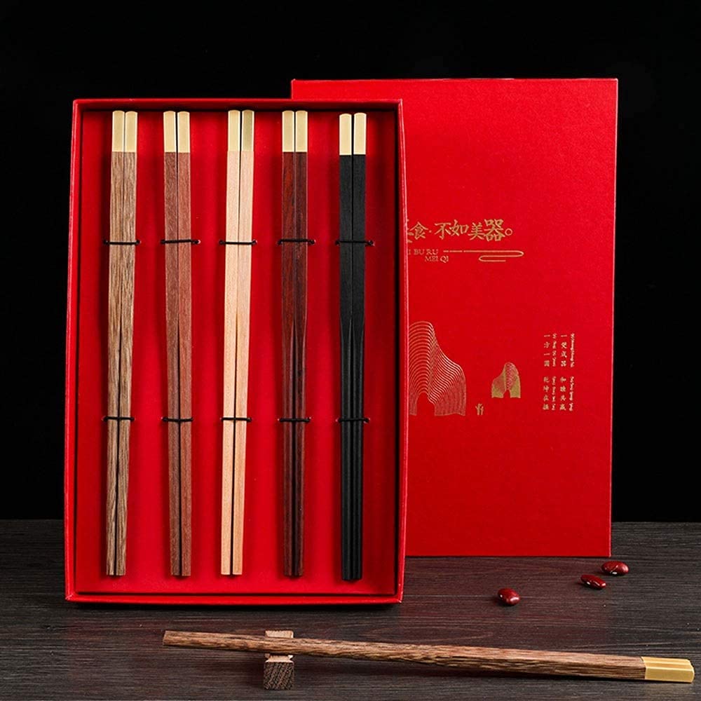 Baguettes chinoises en bois massif importé Baguettes cadeaux 5 paires de baguettes, pas de vernis, pas de cire, processus de placage au brouillard, boîte cadeau