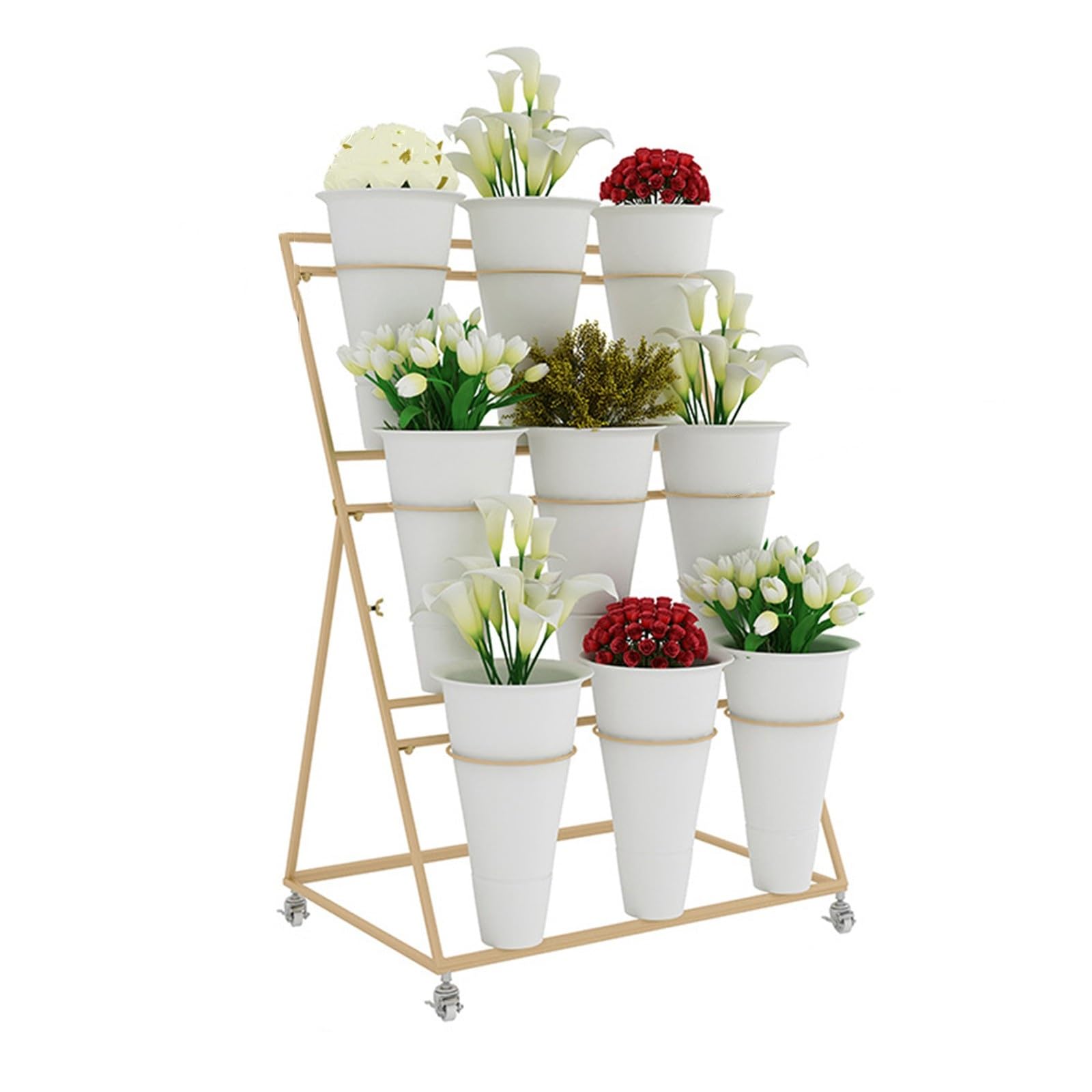 YUANCHUTOP 3-Tier Metal Plant Display Stand with 9 Pots & 4 Lockable Wheels - Mobile Flower Cart for Indoor/Outdoor Use, Ideal for Florists, Garden Decor, and Bouquets