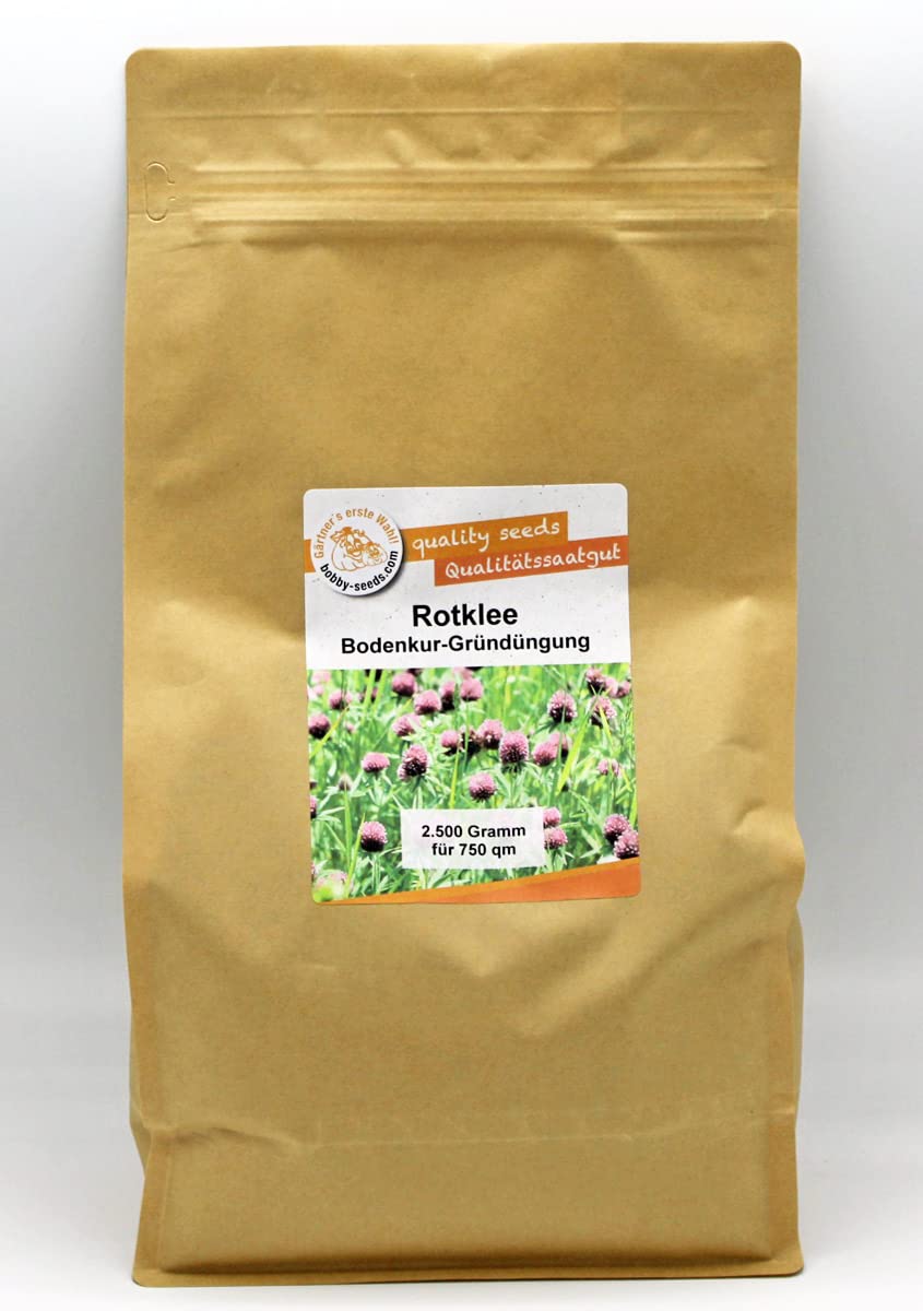 Gärtner's erste Wahl! Bobby-Seeds Rotklee Samen 2500 g für ca. 750 m², Saatgut ohne Gentechnik, staudige Gründüngung für Bodenlockerung und Stickstoffbindung, Bienenweide und Futterklee