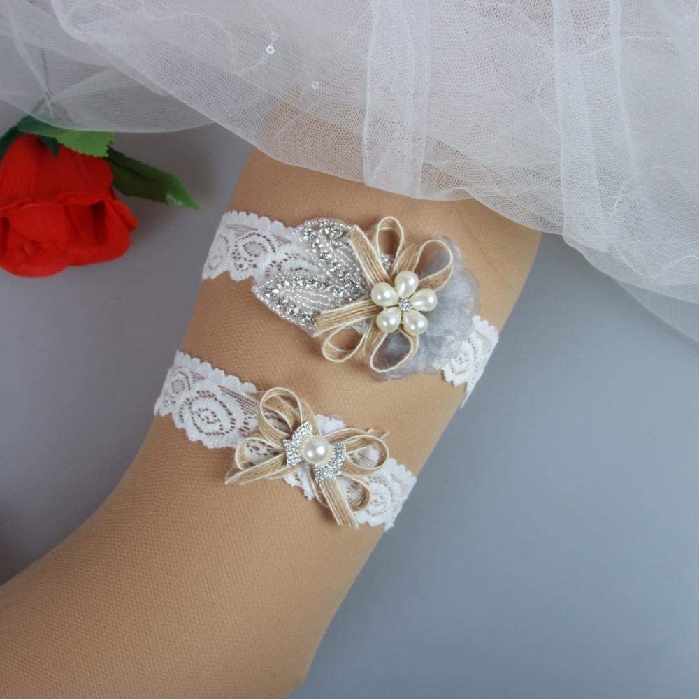 Jarretière en cristal de mariage, accessoires de mariage nuptiale élastique jarretière en dentelle boucle de jambe-Blanc 5pcs_M,Jarretière en dentelle avec ornement (Blanc 5pcs XX) (Blanc 5pcs M)