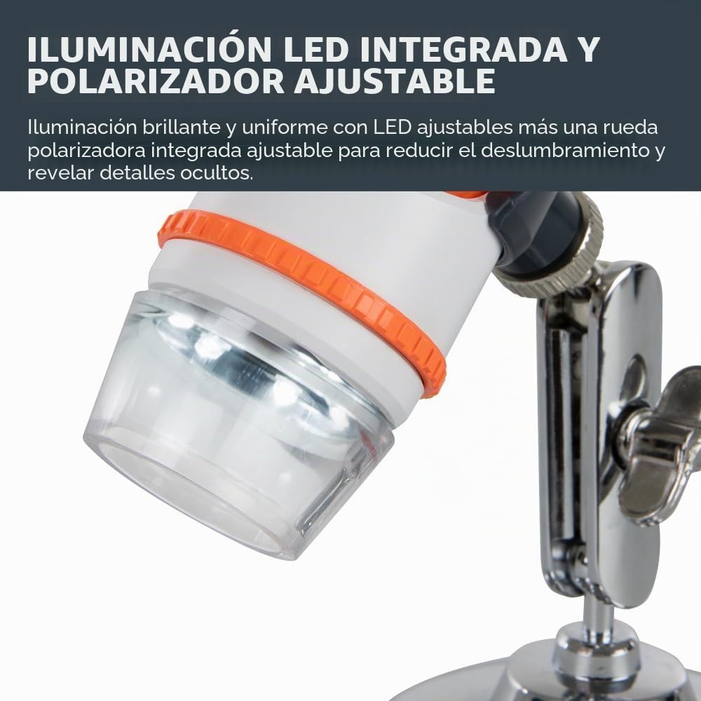 Capture sus descubrimientos con el microscopio digital portátil Deluxe 44302-C de Celestron, gris