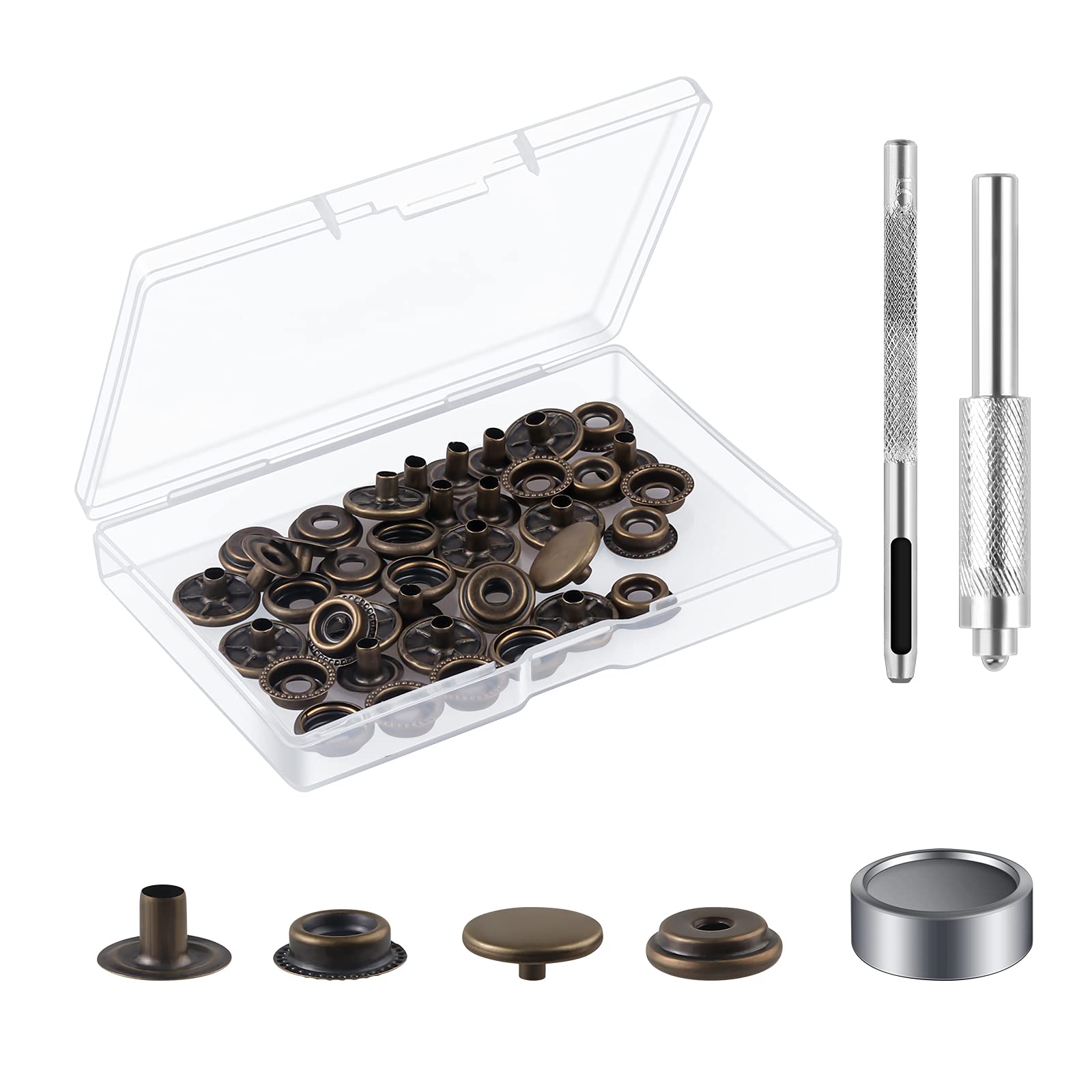 32 Sets Press Studs Cap Button, MSDADA Stainless Steel Snap Fasteners Kit with Hand Fixing Tools