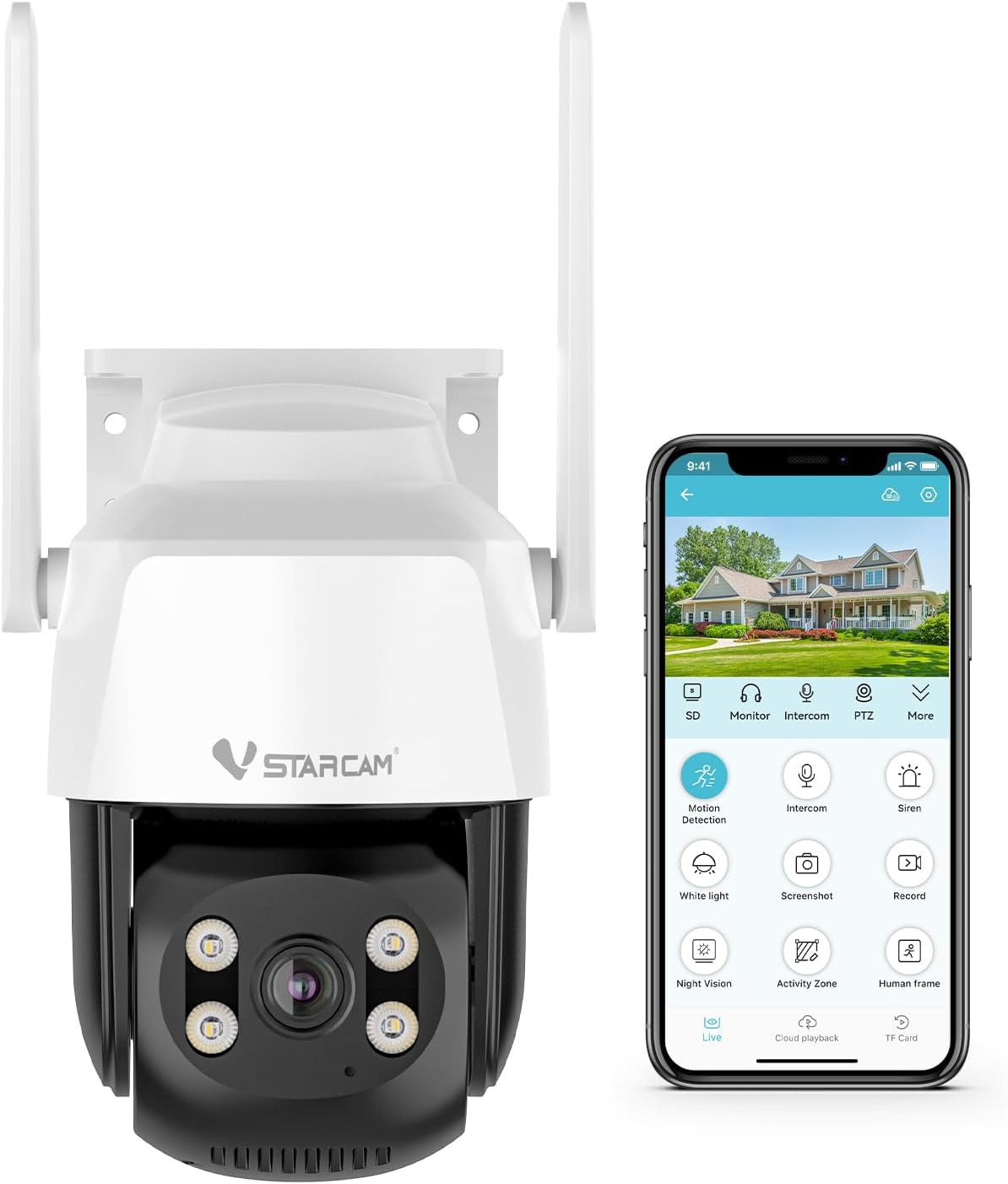 Outdoor Waterproof PT Network Camera, 1080P Wired Cameras for Home Secuirty Camera with Bluetooth Connection, Color Night Vision, Motion Detection & Tracking,Light & Siren Alarm, SD/Cloud 03