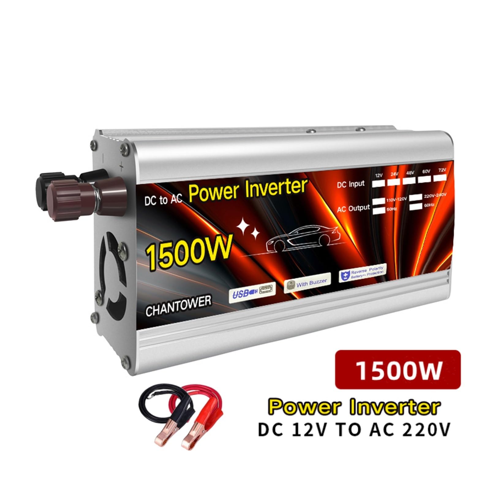 Falownik solarny 12 V 220 V, 500 W, 1000 W, 1500 W, 2000 W, przenośny transformator napięcia, ładowarka samochodowa, konwerter samochodowy (1000 W, 12 V)